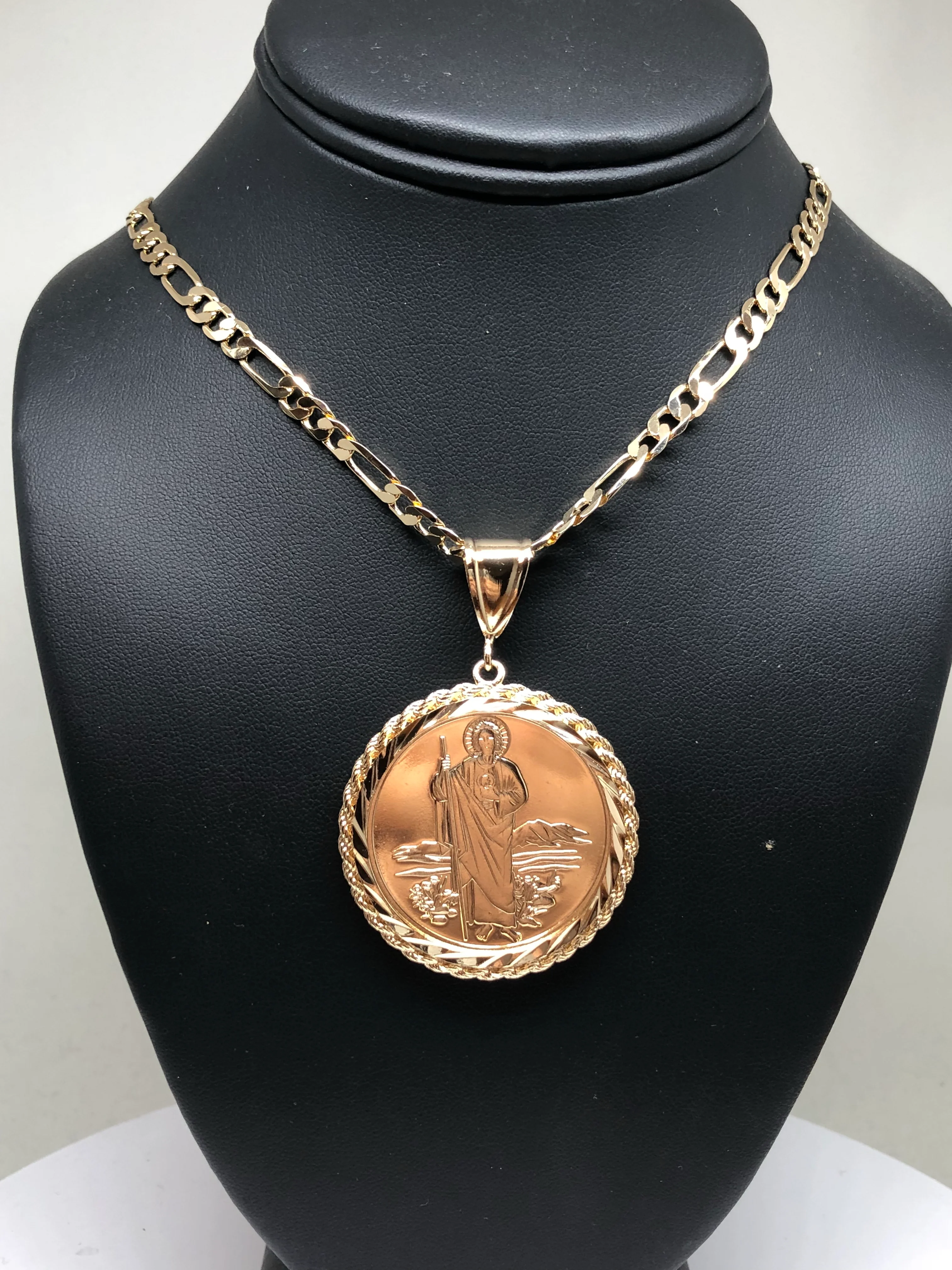 Gold Plated Saint Jude Pendant Necklace Figaro 26" San Judas Tadeo Virgen Centenario Medalla Oro Laminado - Image 5