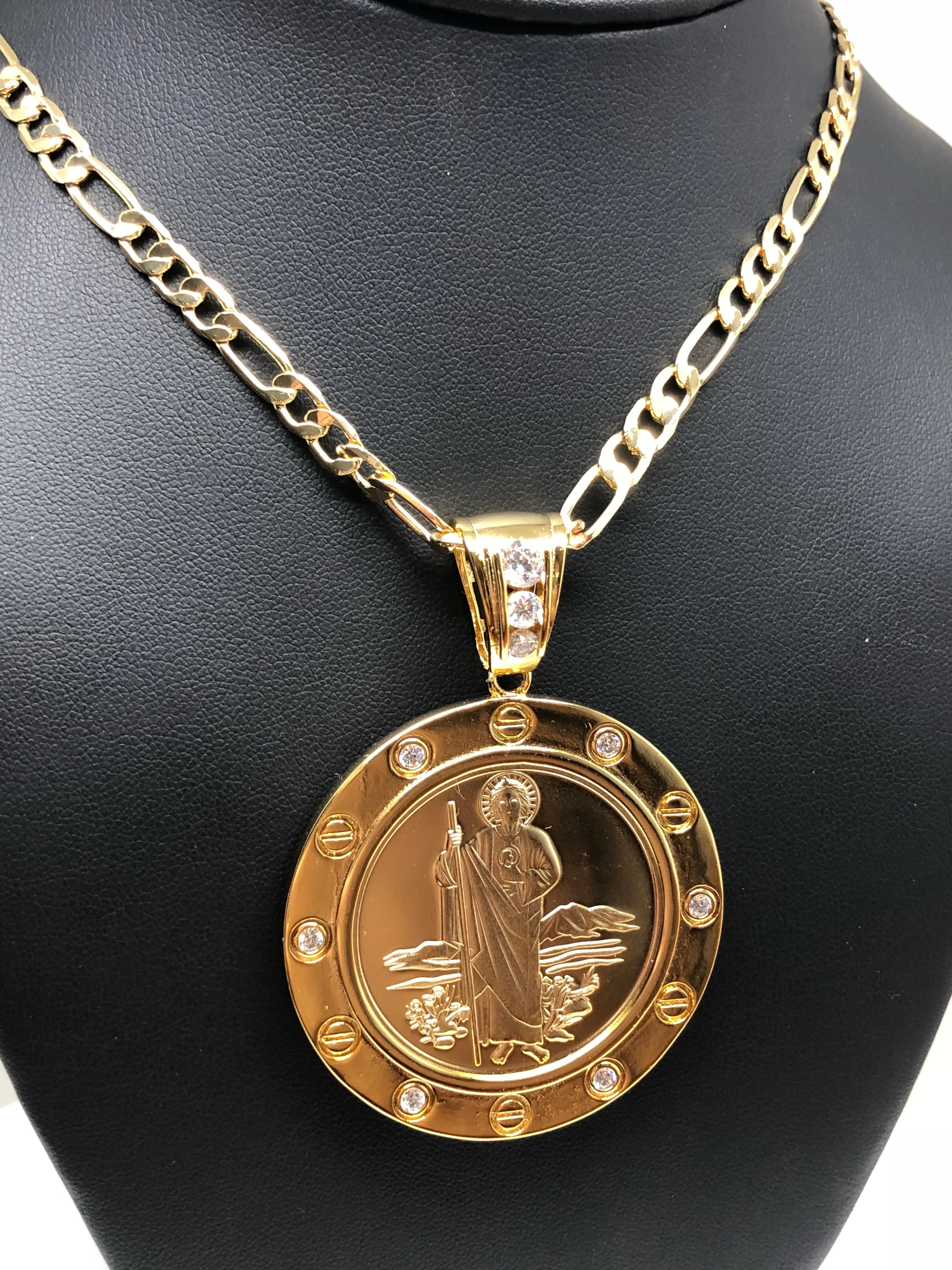 Gold Plated Saint Jude Pendant Necklace Figaro 26" San Judas Tadeo Virgen Centenario Medalla Oro Laminado - Image 4