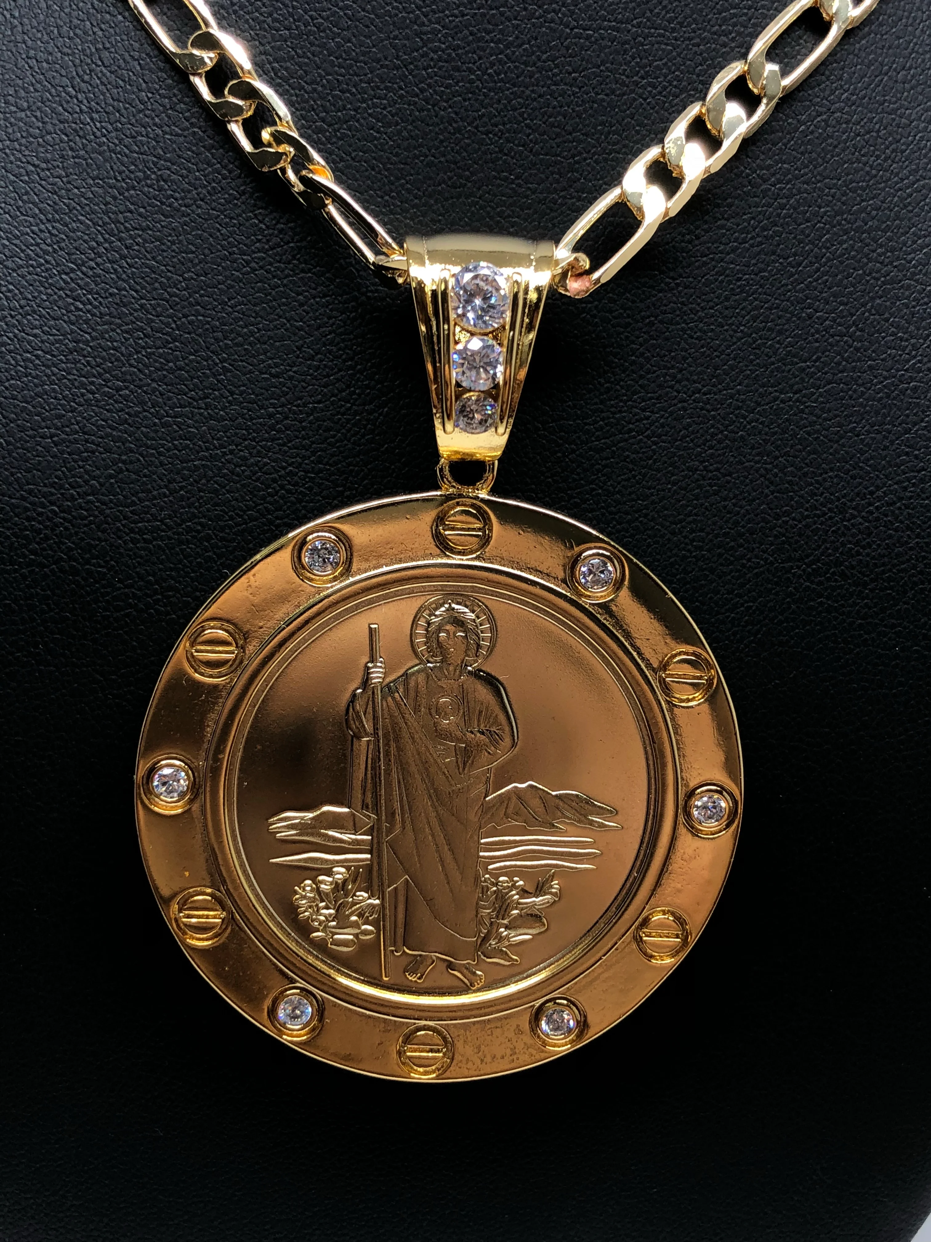 Gold Plated Saint Jude Pendant Necklace Figaro 26" San Judas Tadeo Virgen Centenario Medalla Oro Laminado - Image 5