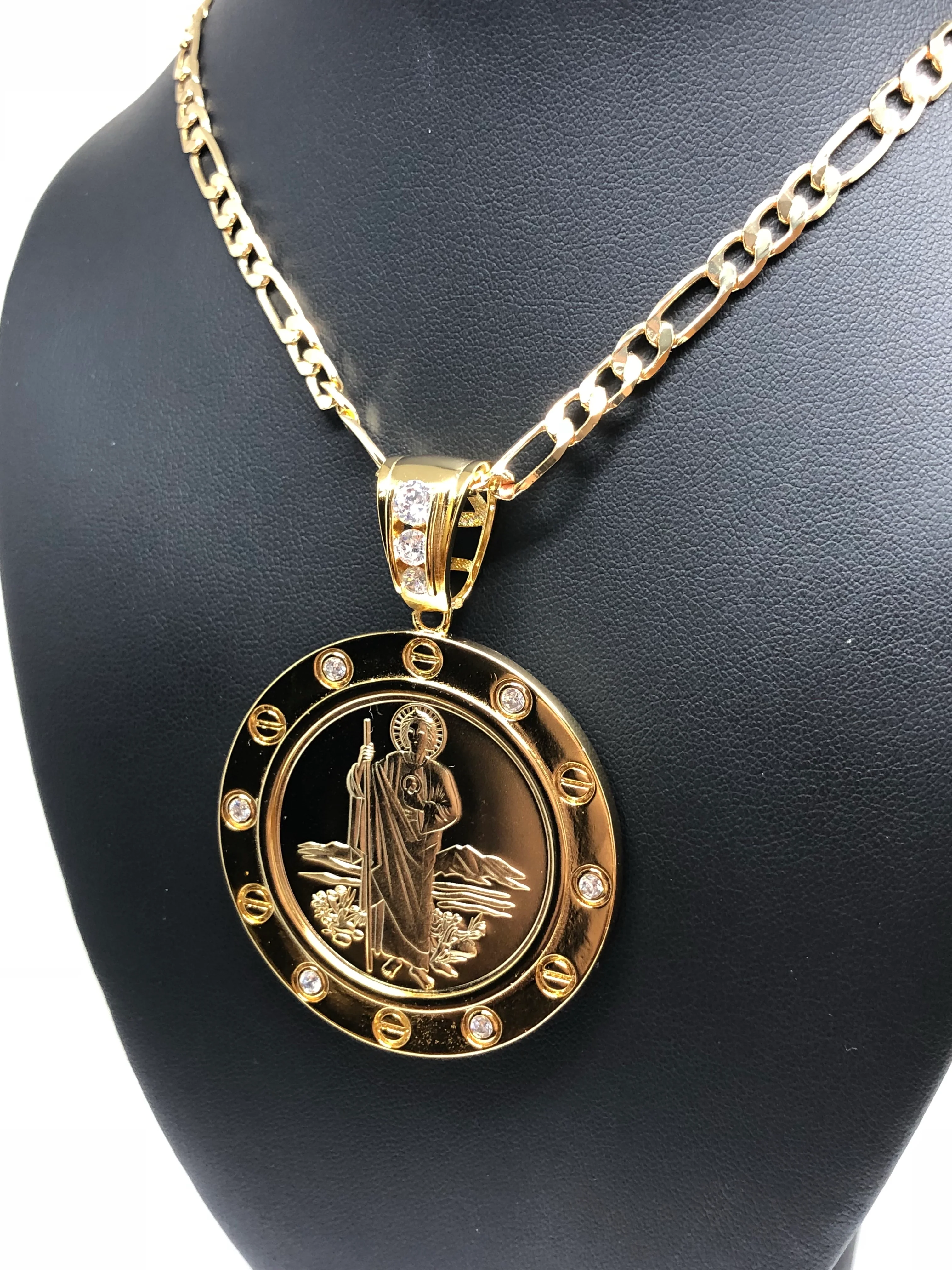 Gold Plated Saint Jude Pendant Necklace Figaro 26" San Judas Tadeo Virgen Centenario Medalla Oro Laminado - Image 6