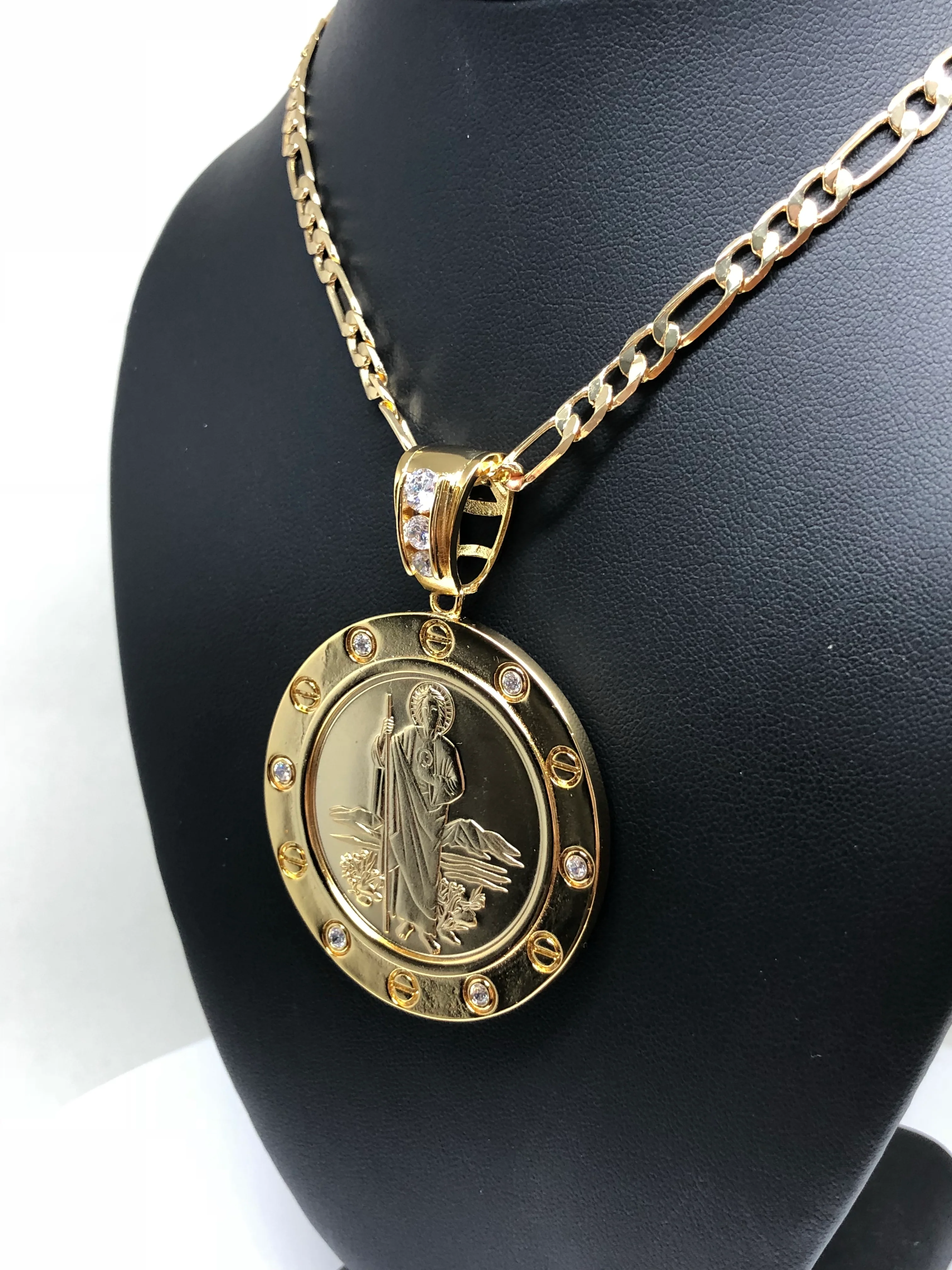 Gold Plated Saint Jude Pendant Necklace Figaro 26" San Judas Tadeo Virgen Centenario Medalla Oro Laminado - Image 7