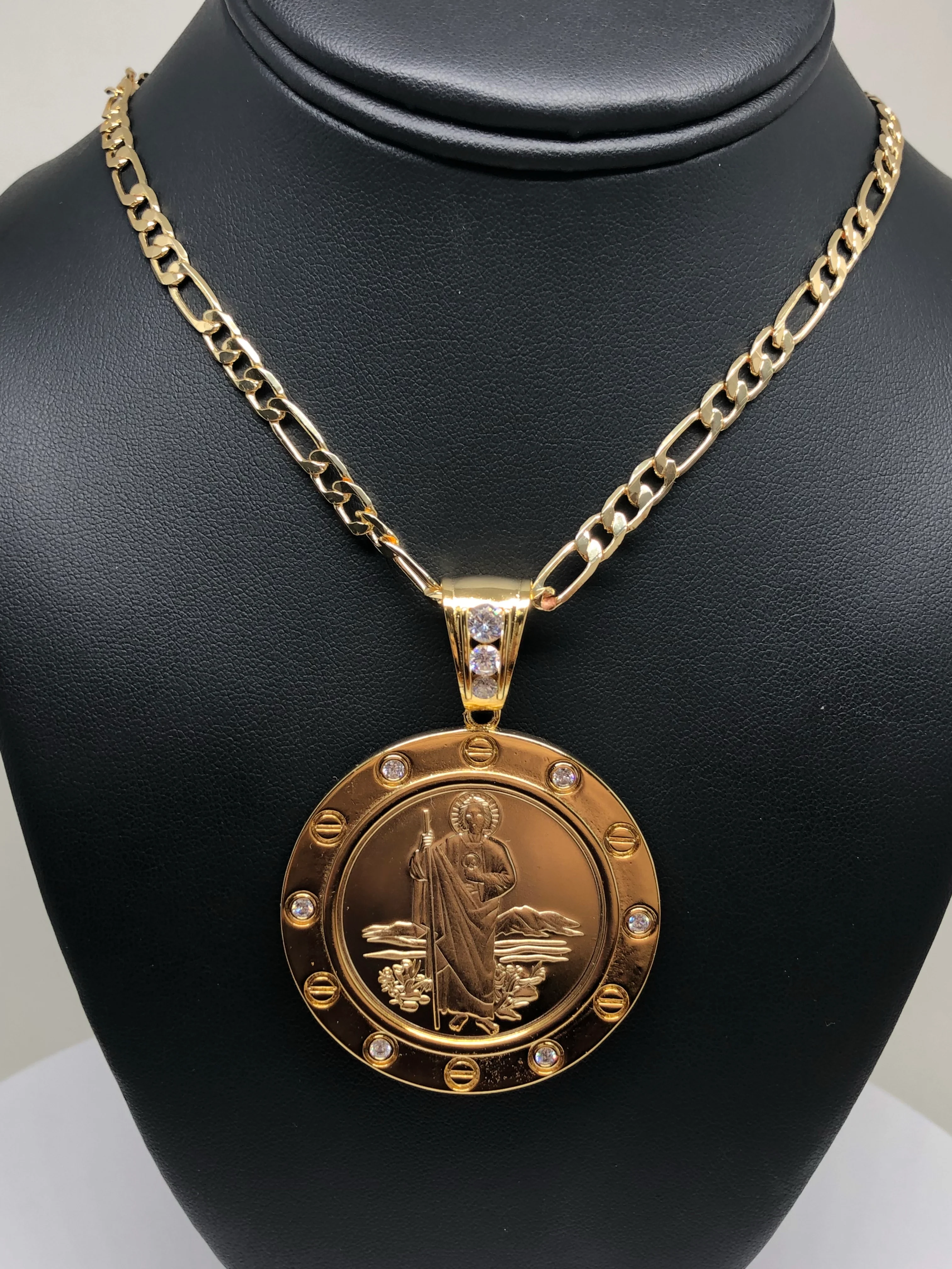 Gold Plated Saint Jude Pendant Necklace Figaro 26" San Judas Tadeo Virgen Centenario Medalla Oro Laminado - Image 8