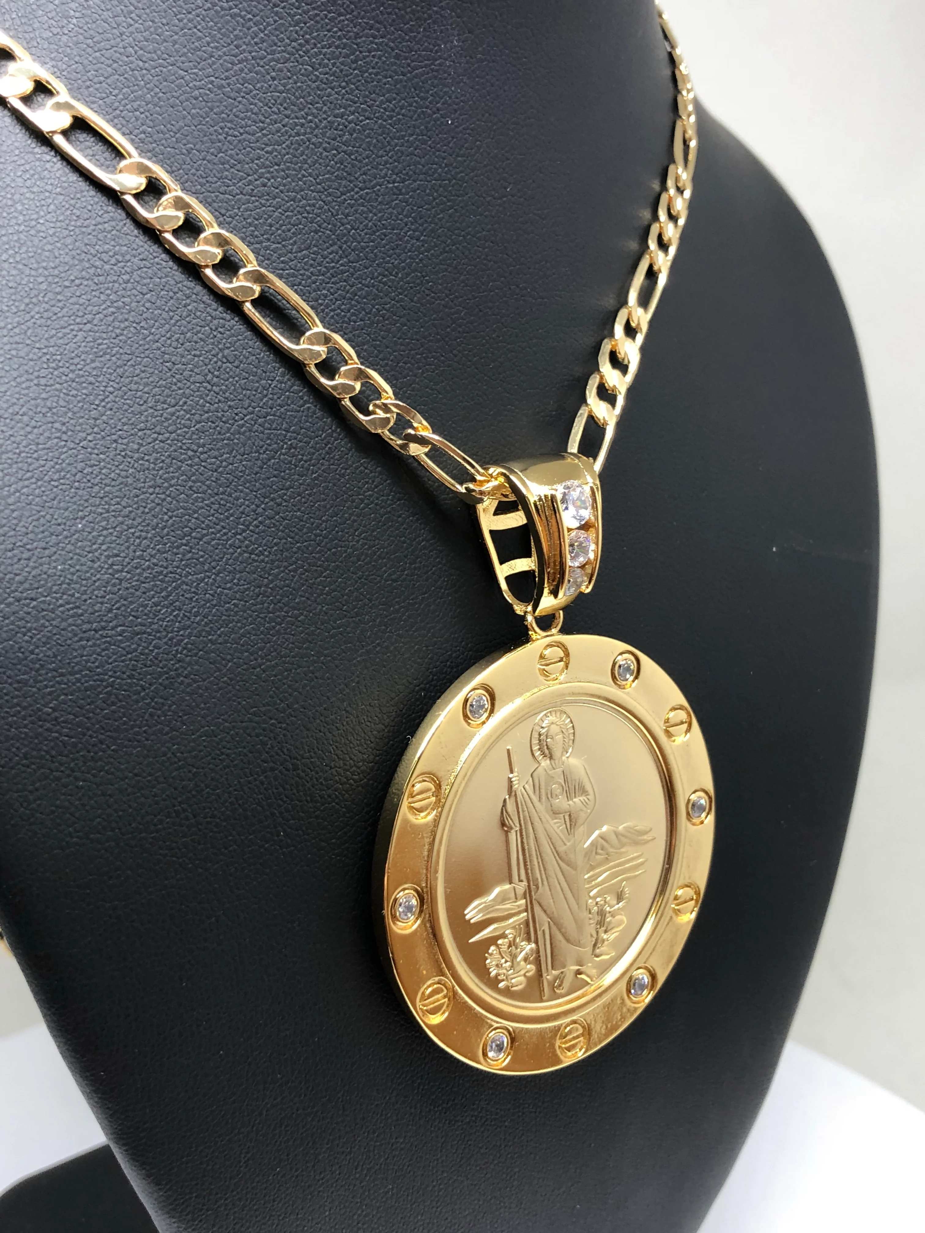 Gold Plated Saint Jude Pendant Necklace Figaro 26" San Judas Tadeo Virgen Centenario Medalla Oro Laminado - Image 9