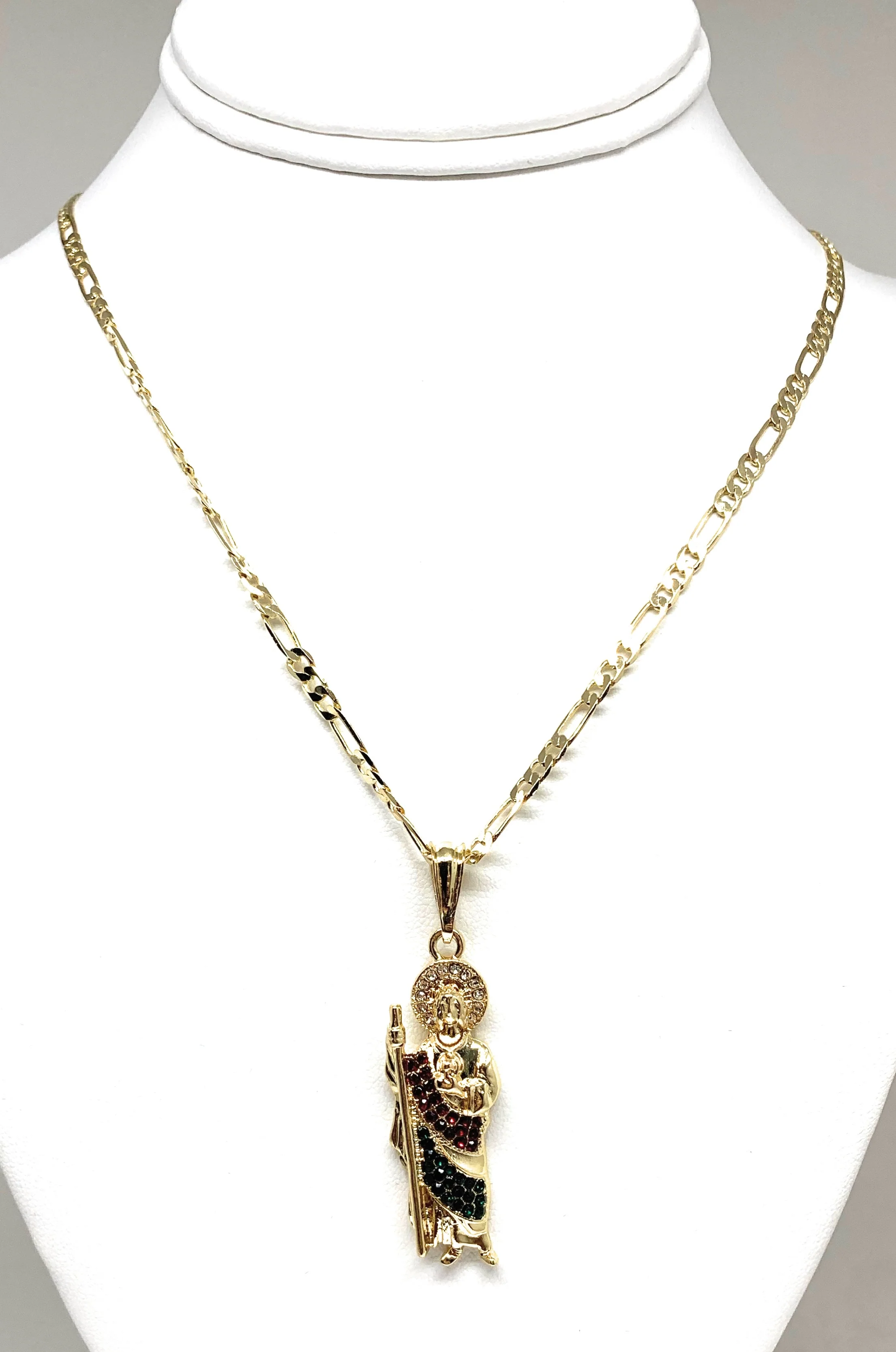 Gold Plated Saint Jude Pendant Red & Green CZ Necklace Figaro San Judas Tadeo Medalla 24" Figaro - Image 3