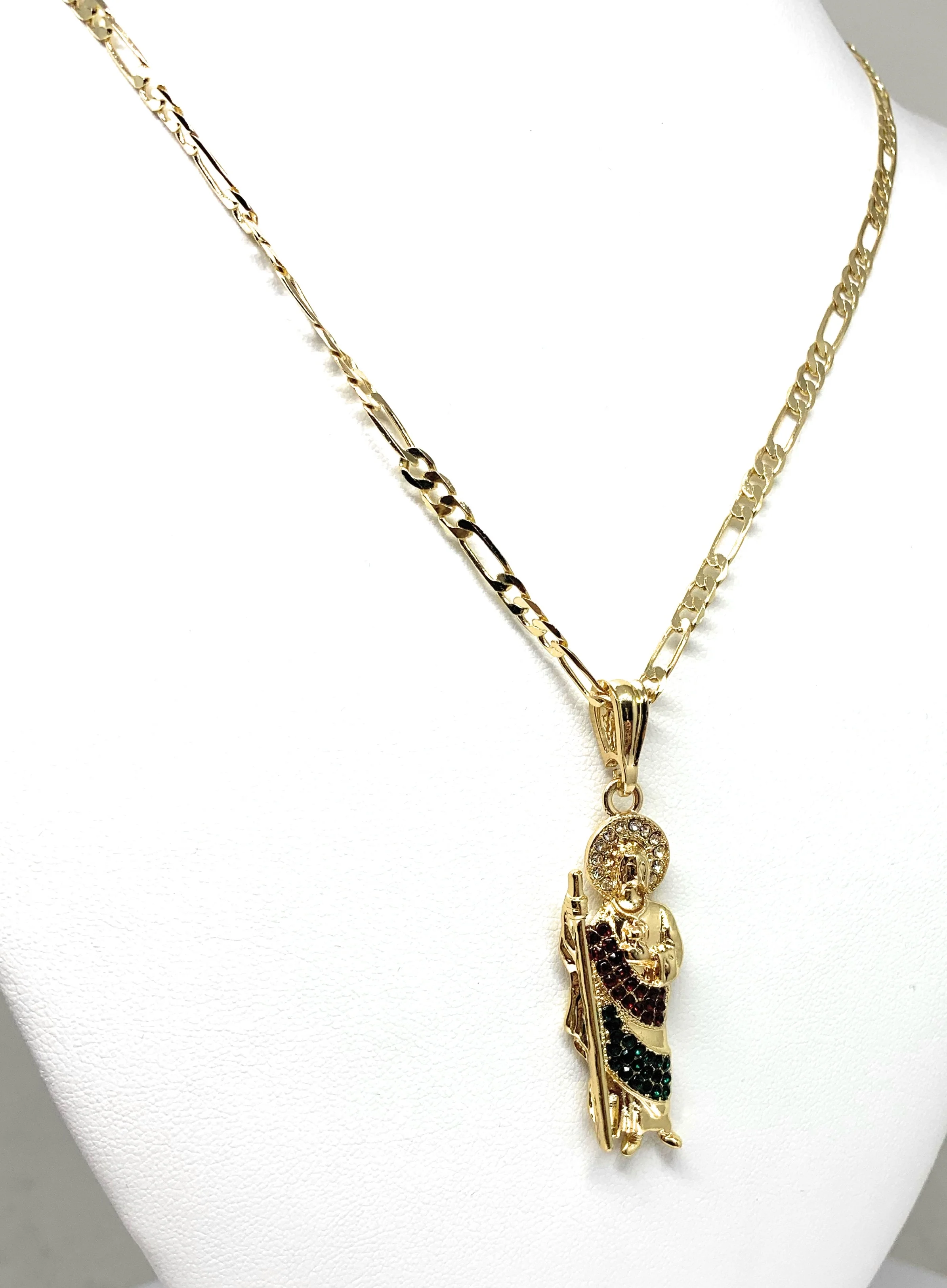 Gold Plated Saint Jude Pendant Red & Green CZ Necklace Figaro San Judas Tadeo Medalla 24" Figaro - Image 4