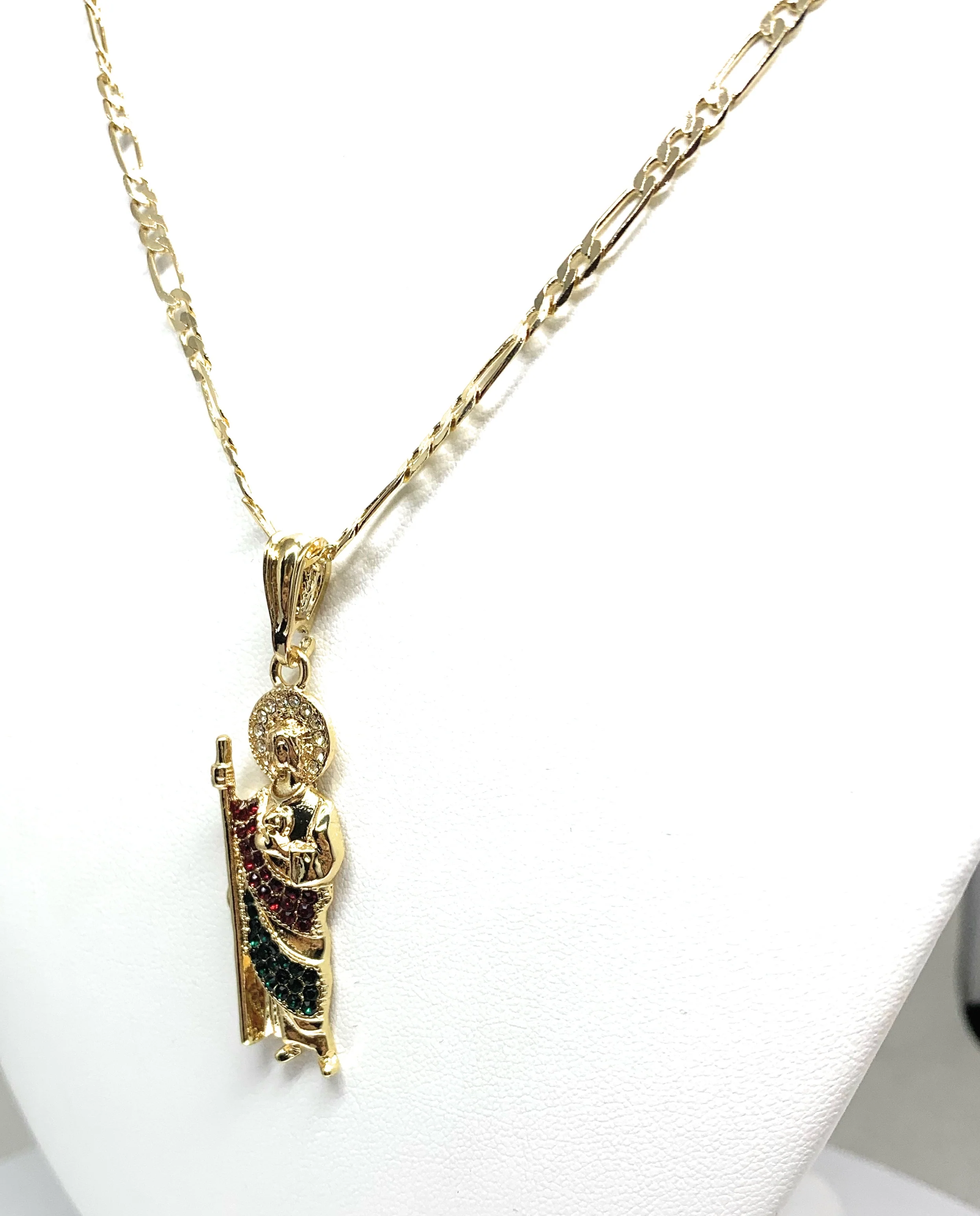 Gold Plated Saint Jude Pendant Red & Green CZ Necklace Figaro San Judas Tadeo Medalla 24" Figaro - Image 5
