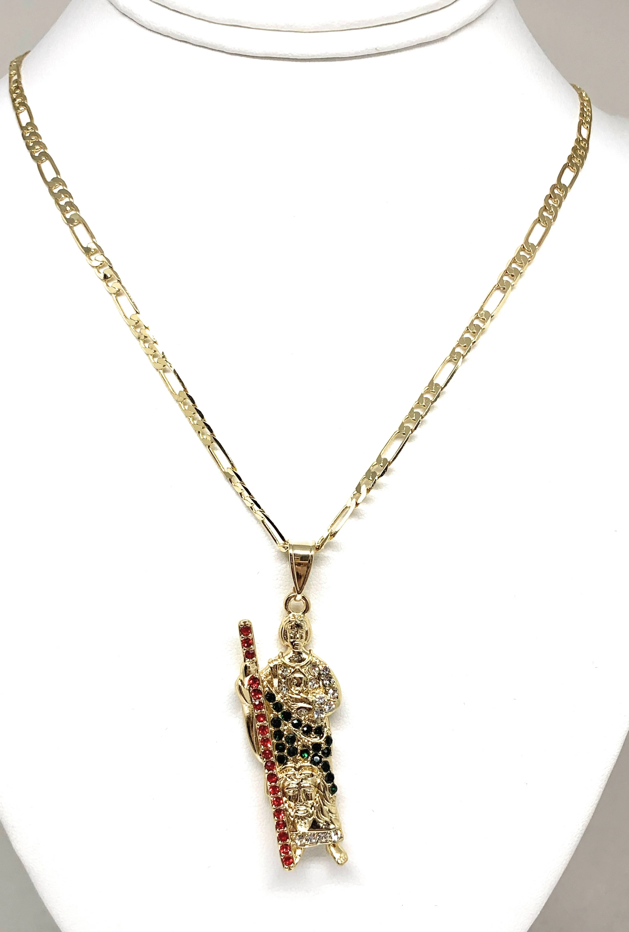 Gold Plated Saint Jude Pendant Red , White & Green CZ Necklace Figaro San Judas Tadeo Medalla 24" Figaro - Image 3