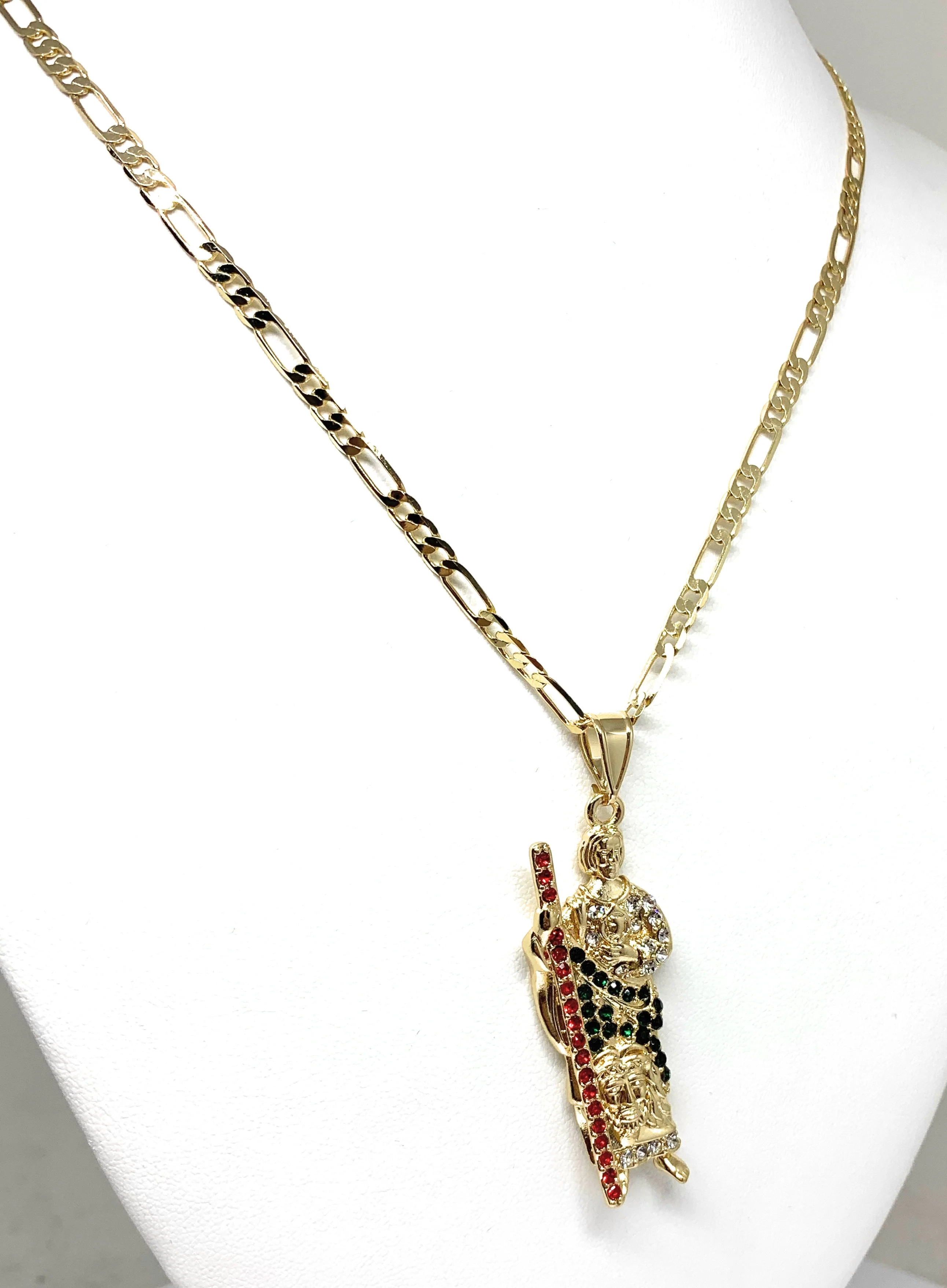 Gold Plated Saint Jude Pendant Red , White & Green CZ Necklace Figaro San Judas Tadeo Medalla 24" Figaro - Image 4