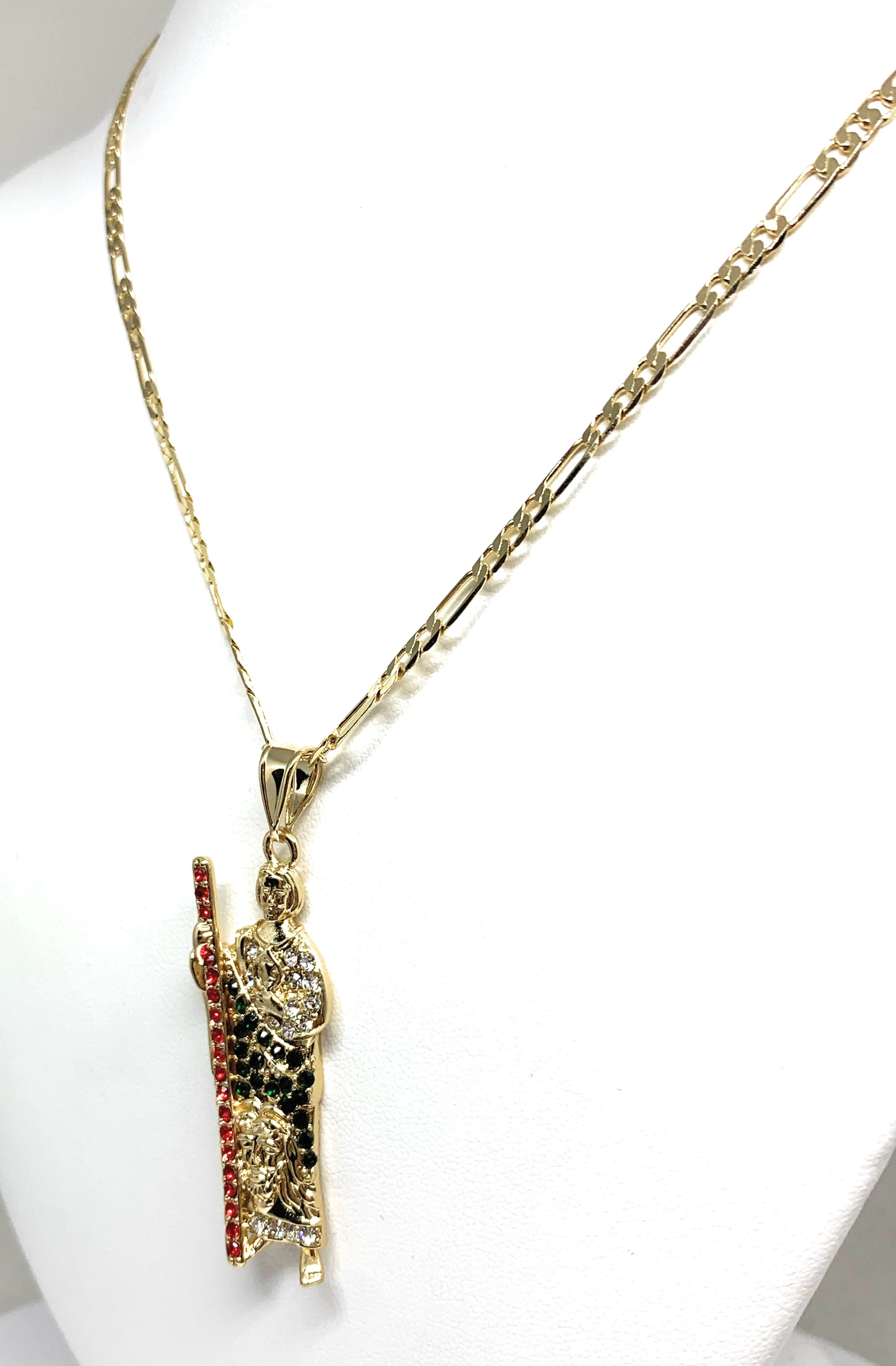 Gold Plated Saint Jude Pendant Red , White & Green CZ Necklace Figaro San Judas Tadeo Medalla 24" Figaro - Image 5