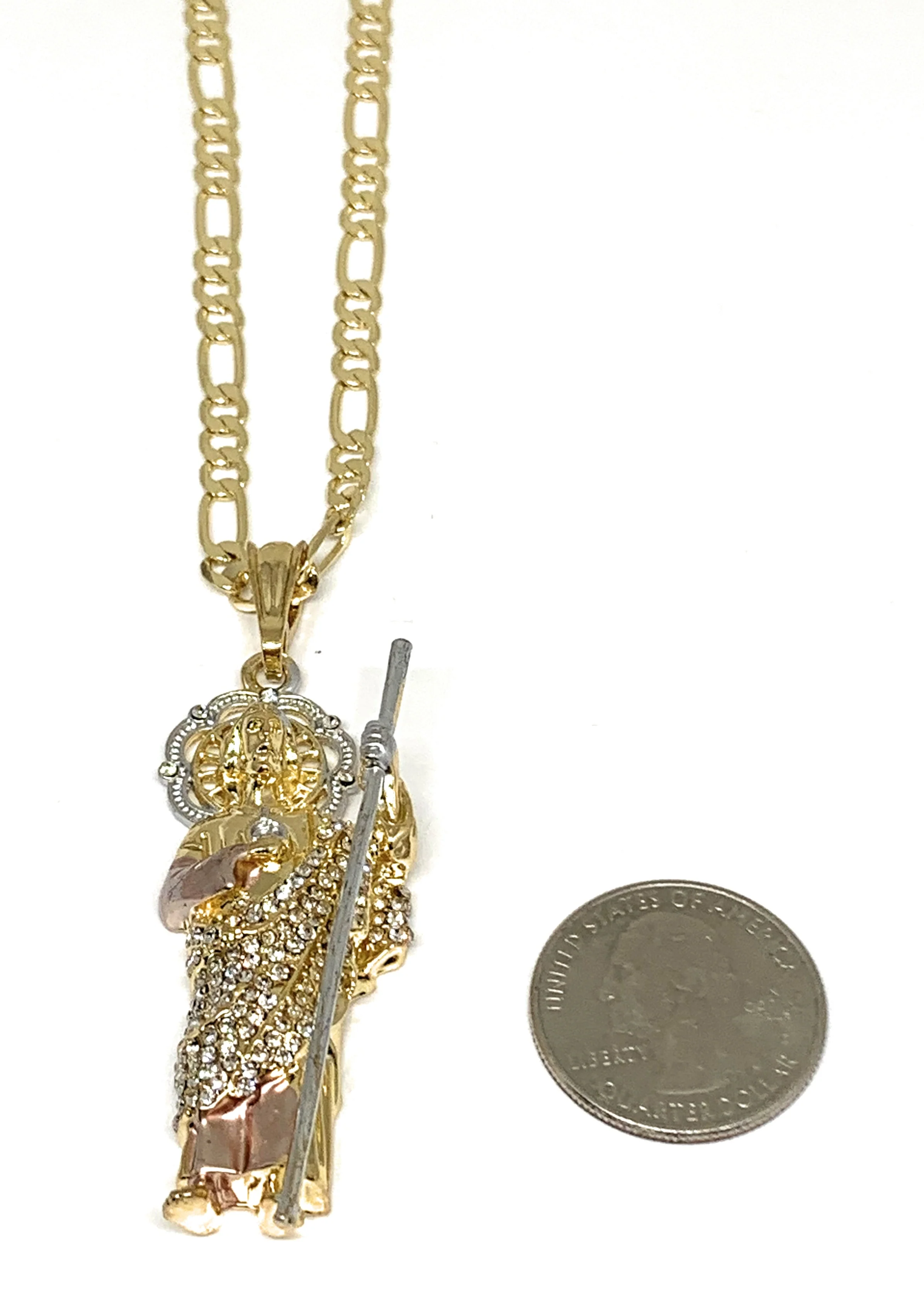 Gold Plated Tri-Color Saint Jude Pendant White CZ Necklace Figaro San Judas Tadeo Medalla - Image 2