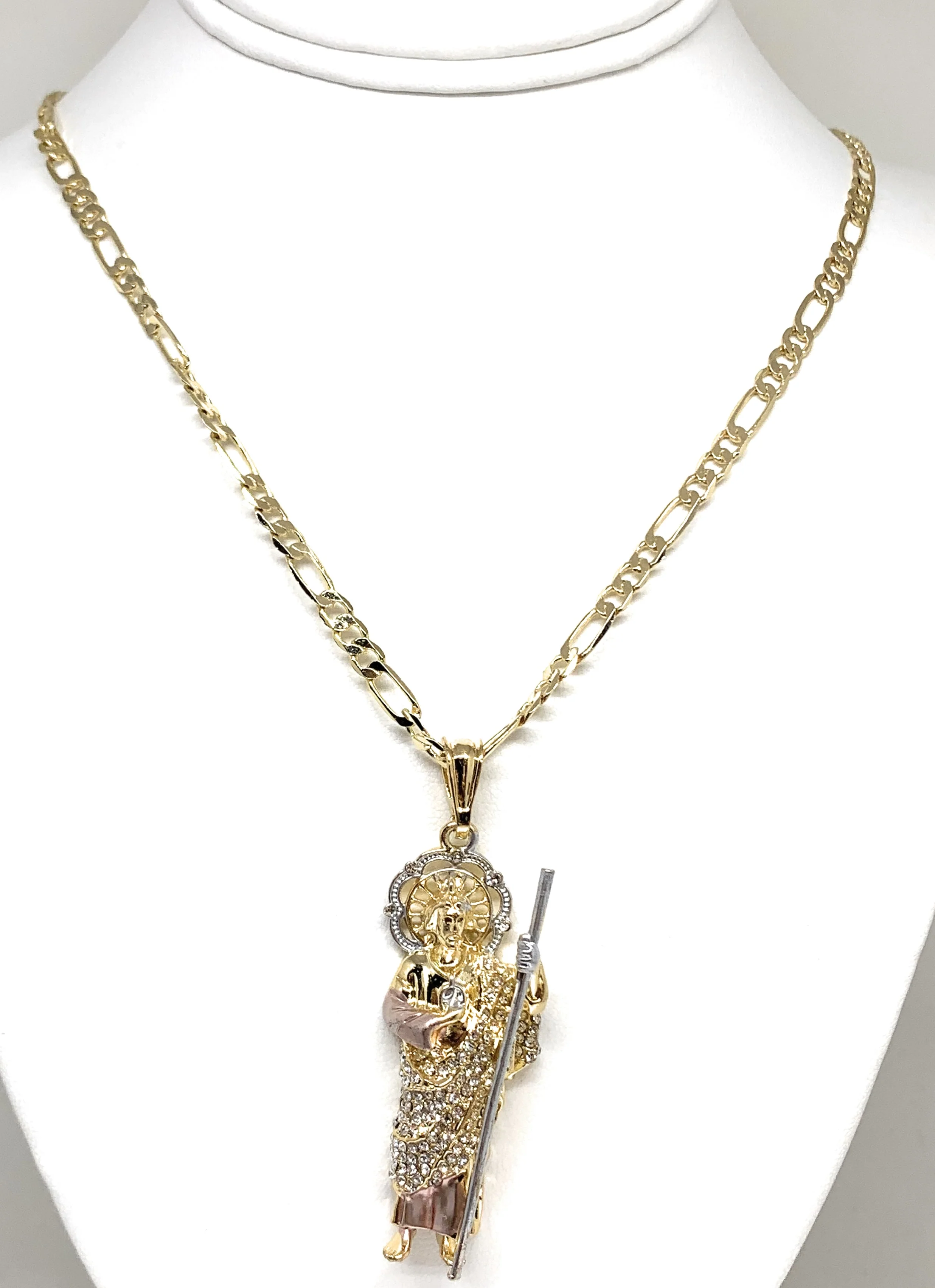 Gold Plated Tri-Color Saint Jude Pendant White CZ Necklace Figaro San Judas Tadeo Medalla - Image 3