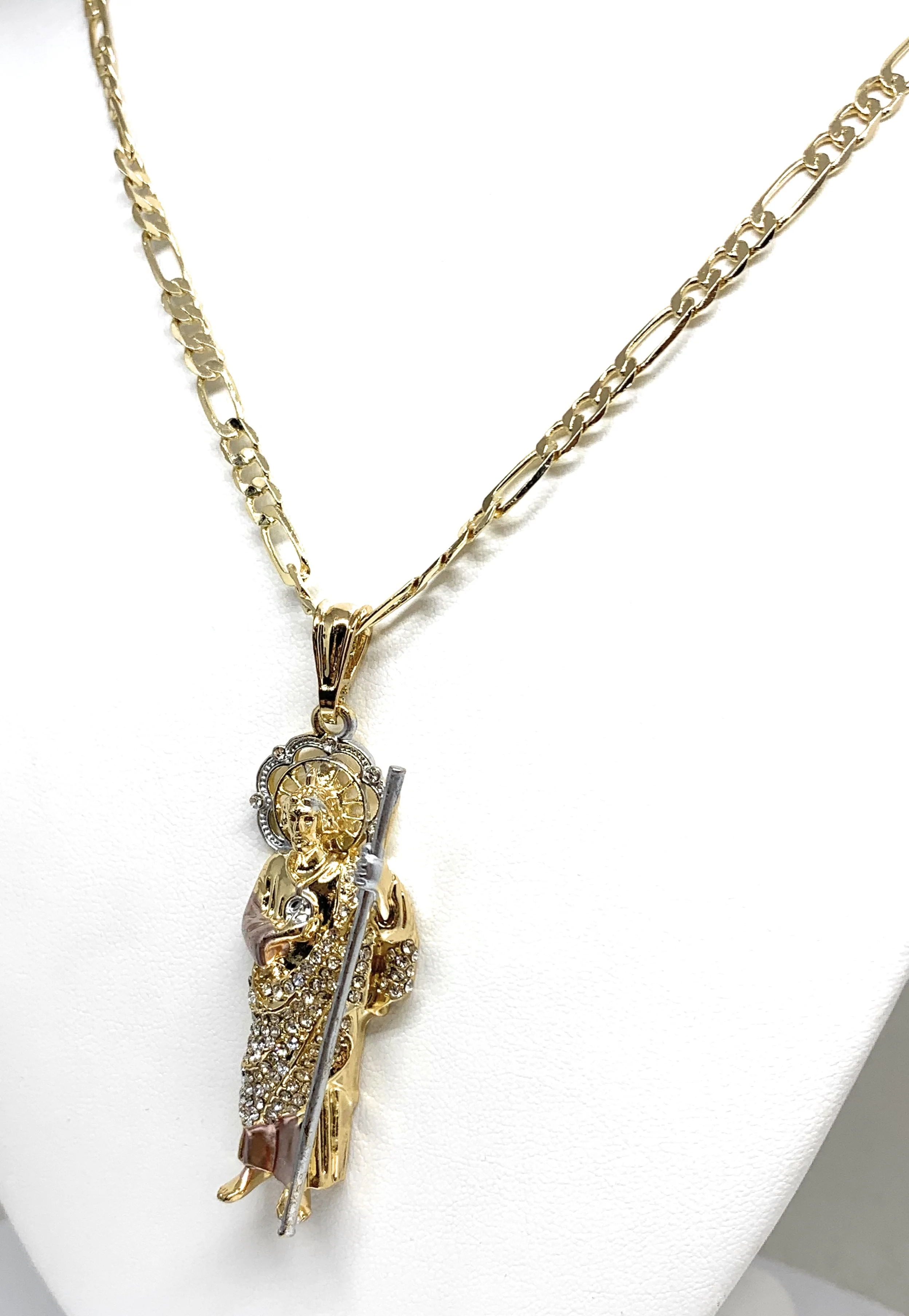 Gold Plated Tri-Color Saint Jude Pendant White CZ Necklace Figaro San Judas Tadeo Medalla - Image 5