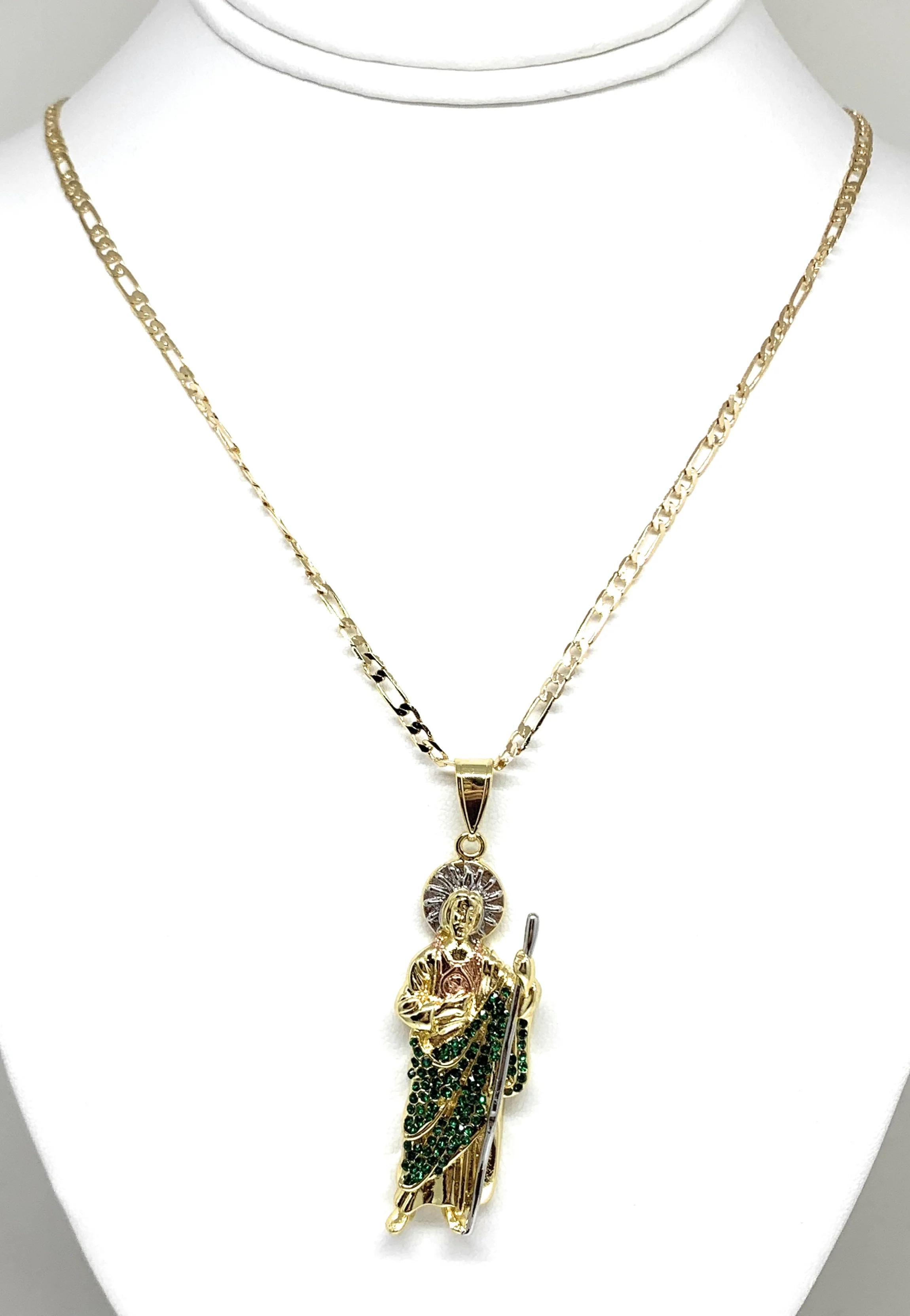 Gold Plated Saint Jude Pendant Green CZ Necklace Figaro San Judas Tadeo Medalla - Image 3