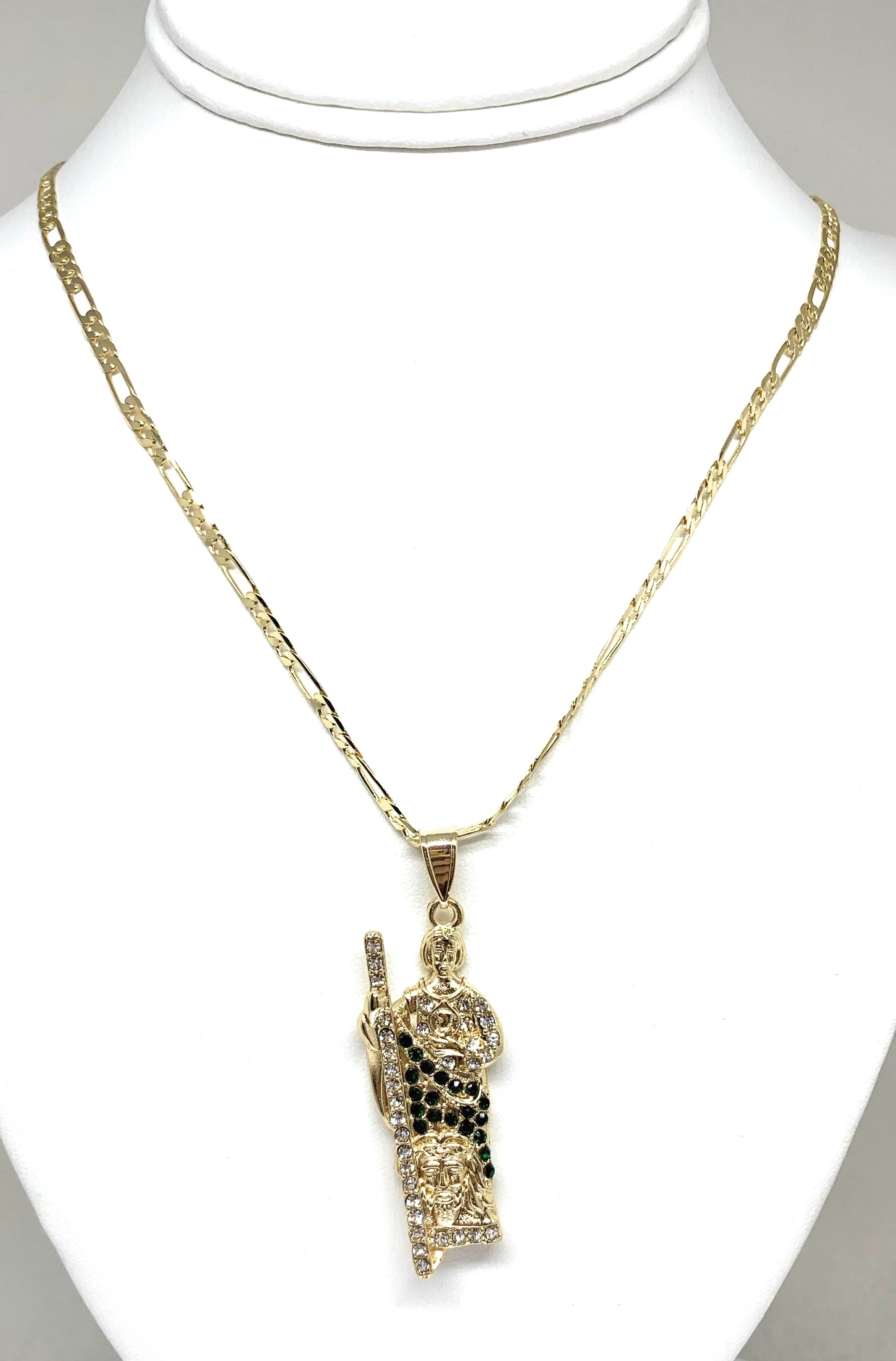 Gold Plated Saint Jude Pendant White & Green CZ Necklace Figaro San Judas Tadeo Medalla 24" Figaro - Image 3
