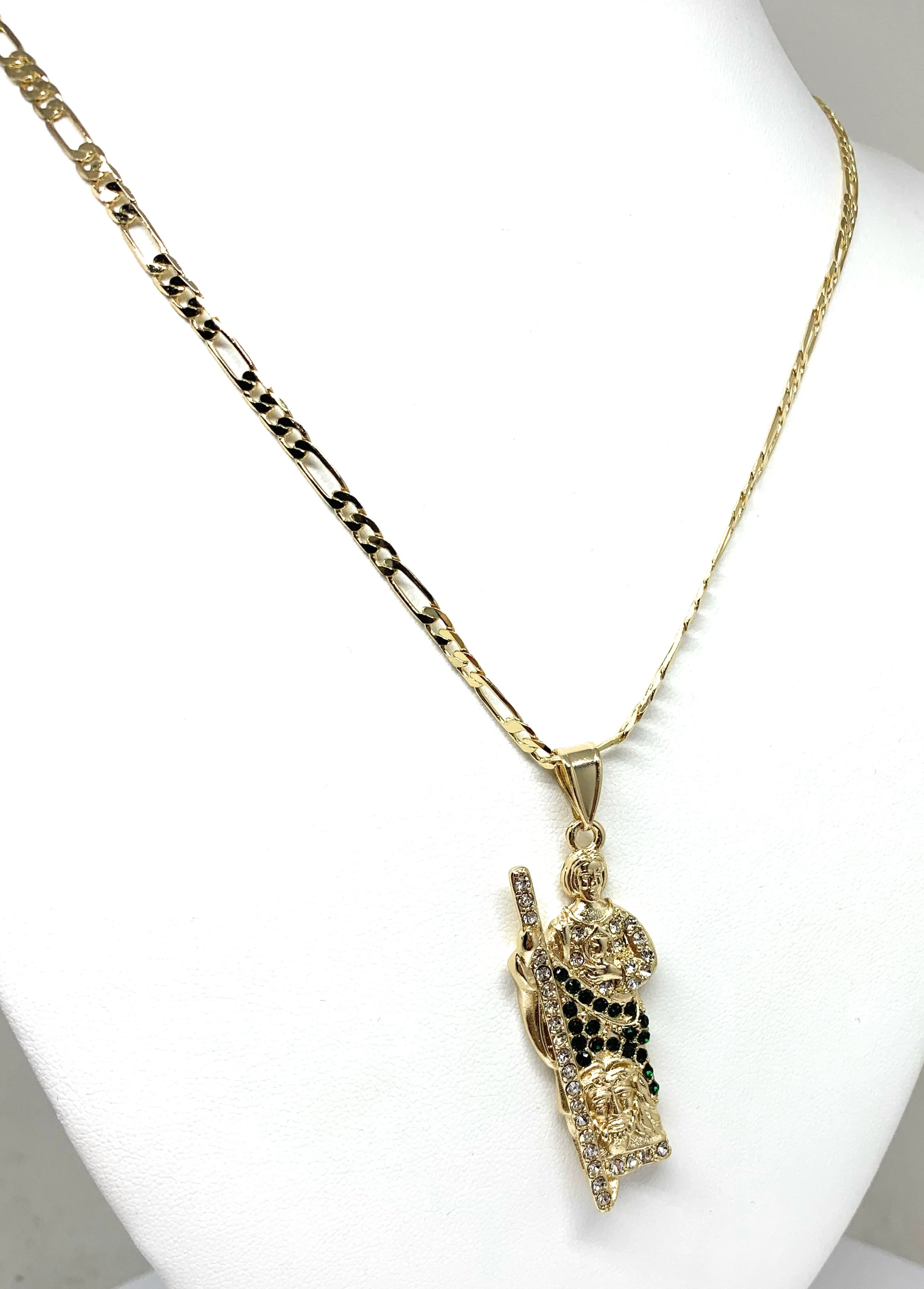 Gold Plated Saint Jude Pendant White & Green CZ Necklace Figaro San Judas Tadeo Medalla 24" Figaro - Image 4