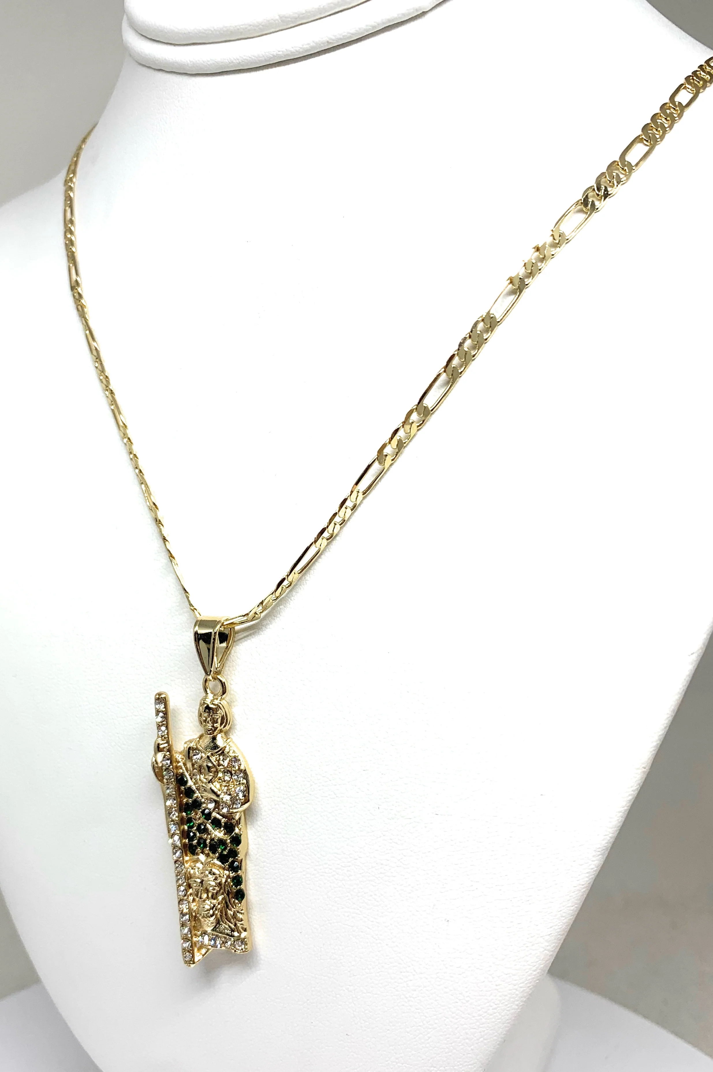 Gold Plated Saint Jude Pendant White & Green CZ Necklace Figaro San Judas Tadeo Medalla 24" Figaro - Image 5