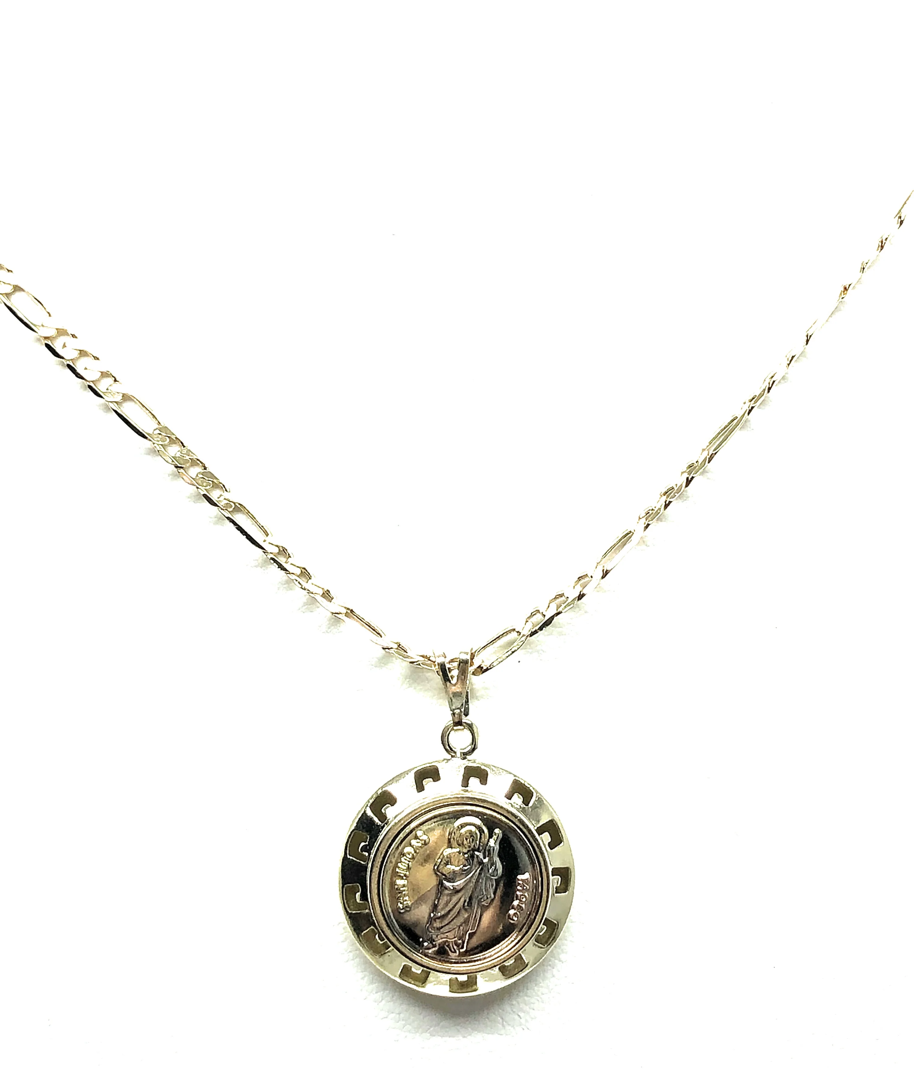 Gold Plated Saint Jude Small Dainty Round Pendant Necklace Figaro 24" San Judas Tadeo Medalla - Image 4