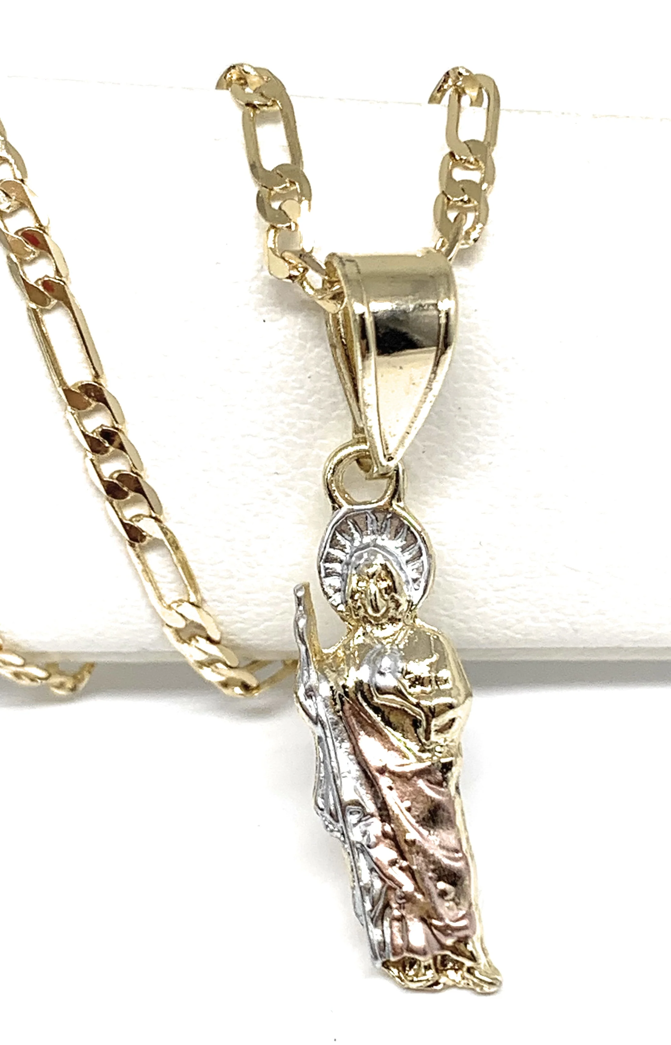 Gold Plated Saint Jude Tri-Color Dainty Pendant Necklace Figaro 18" San Judas Tadeo Medalla