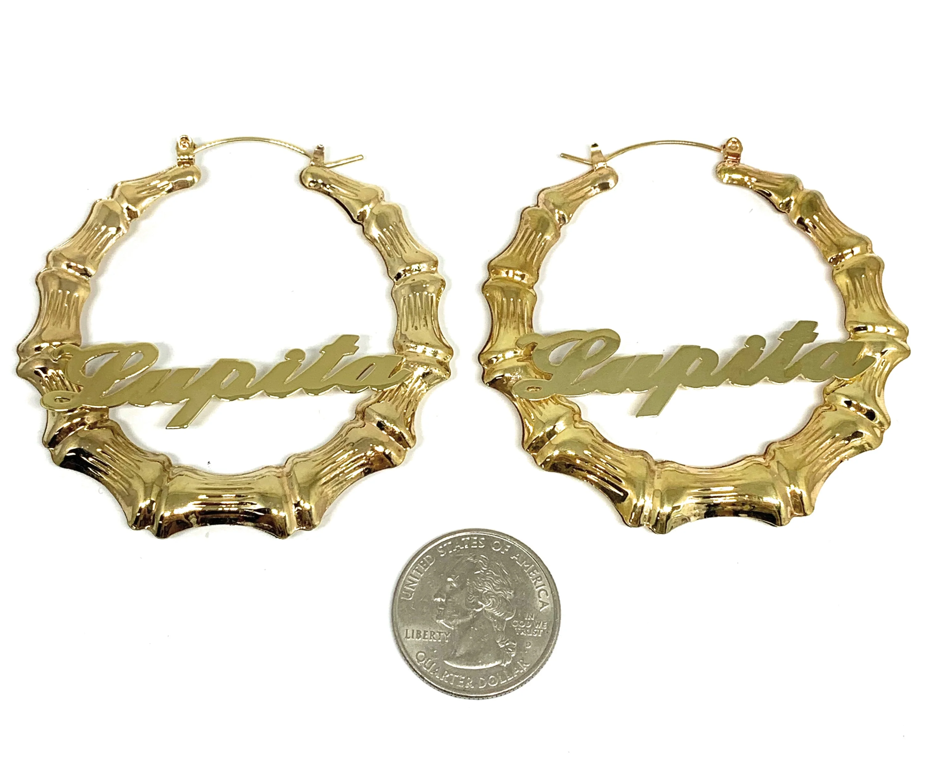 Gold Plated Silver Bamboo Hollow Hoop CUSTOMIZED NAME Earrings Aretes Arracadas (2.5 INCH) - Image 2
