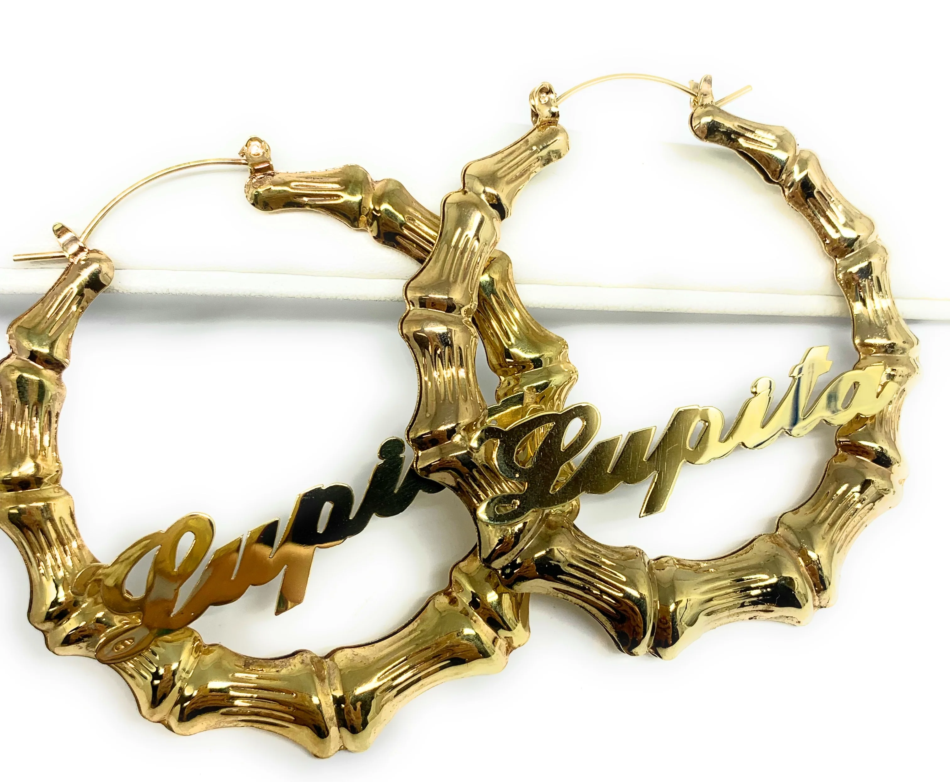 Gold Plated Silver Bamboo Hollow Hoop CUSTOMIZED NAME Earrings Aretes Arracadas (2.5 INCH) - Image 3