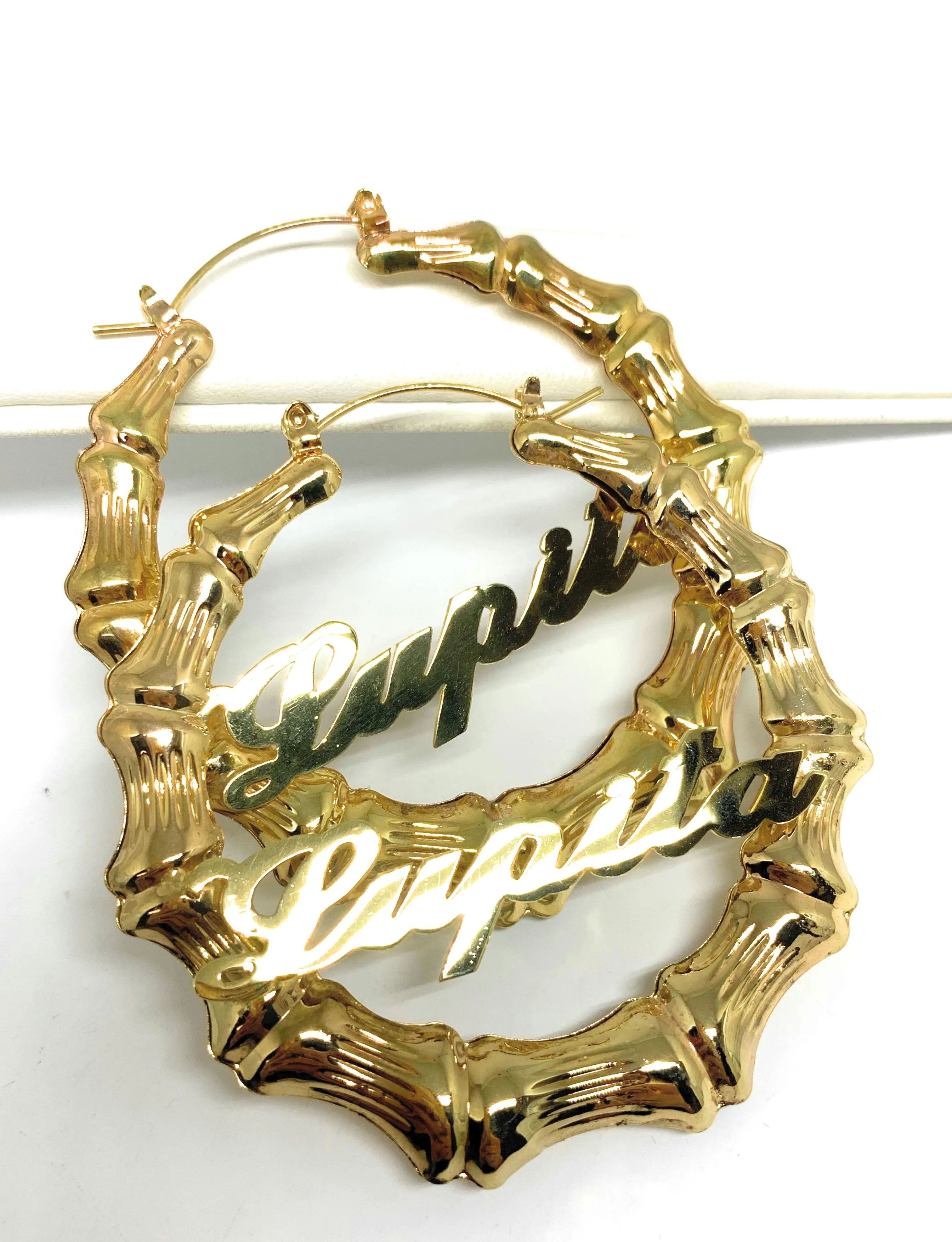 Gold Plated Silver Bamboo Hollow Hoop CUSTOMIZED NAME Earrings Aretes Arracadas (2.5 INCH) - Image 4