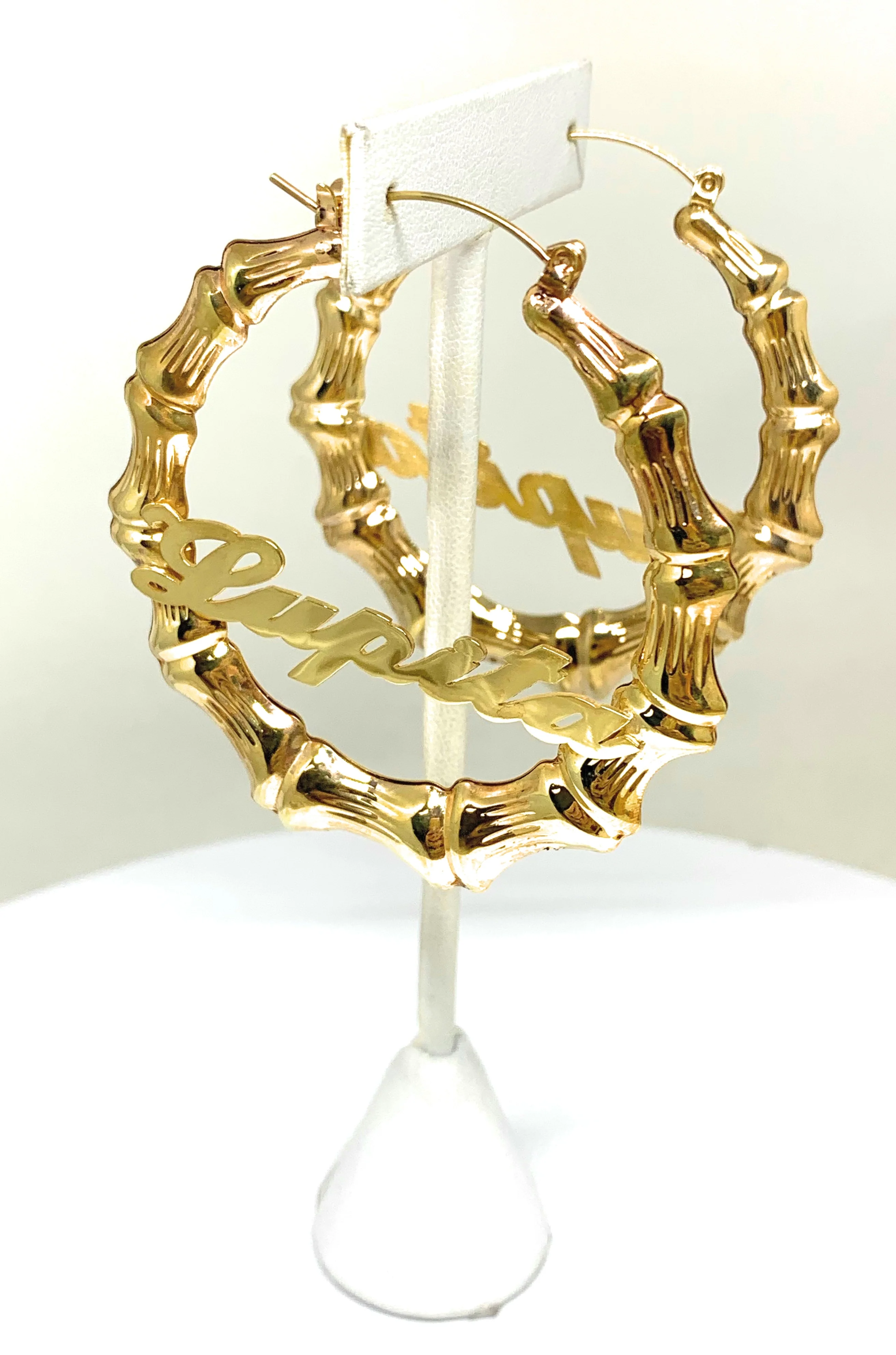 Gold Plated Silver Bamboo Hollow Hoop CUSTOMIZED NAME Earrings Aretes Arracadas (2.5 INCH) - Image 5