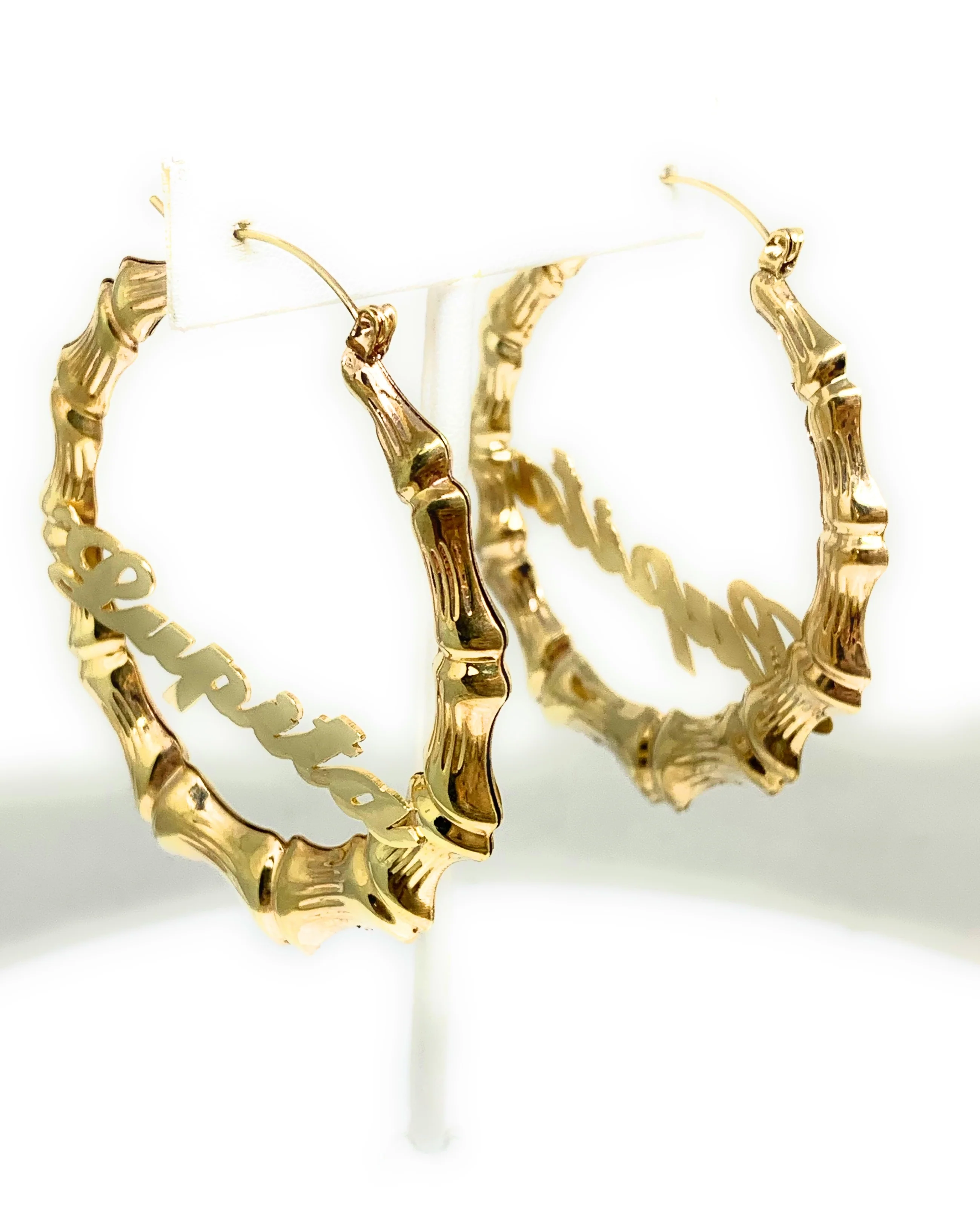 Gold Plated Silver Bamboo Hollow Hoop CUSTOMIZED NAME Earrings Aretes Arracadas (2.5 INCH) - Image 6
