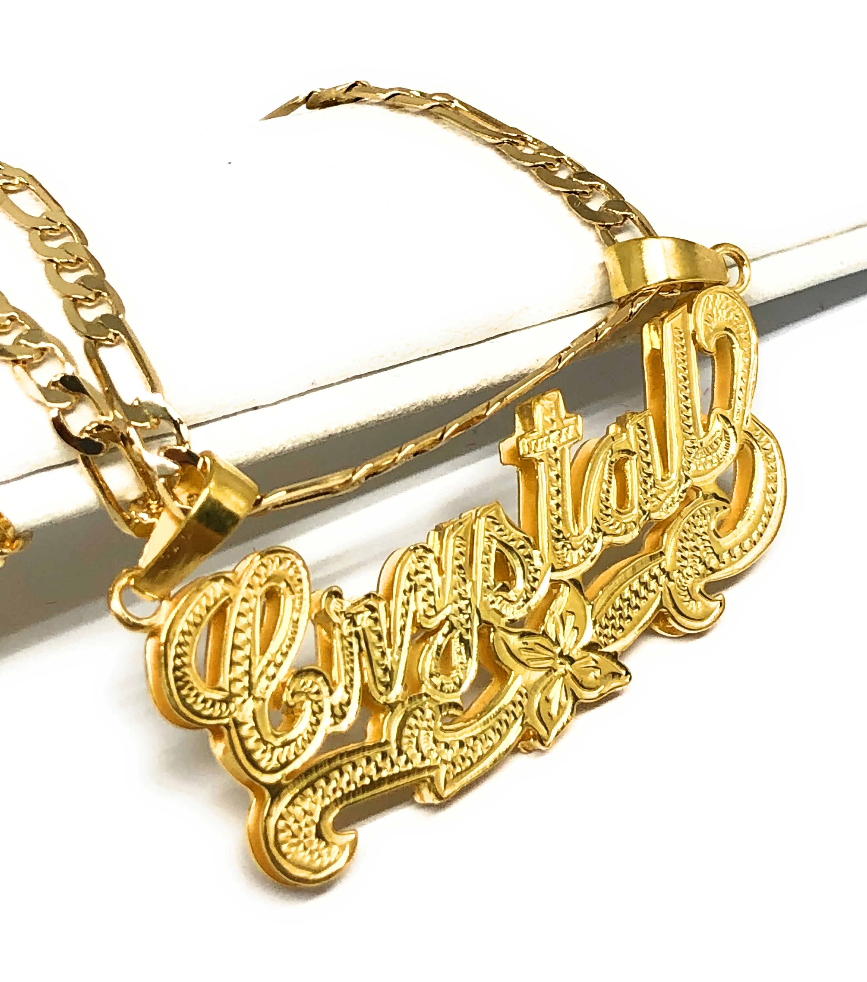 Gold Plated Silver CUSTOMIZED 3D ILLUSION DOUBLE CLASSIC Nameplate Necklace With Chain} - Image 3