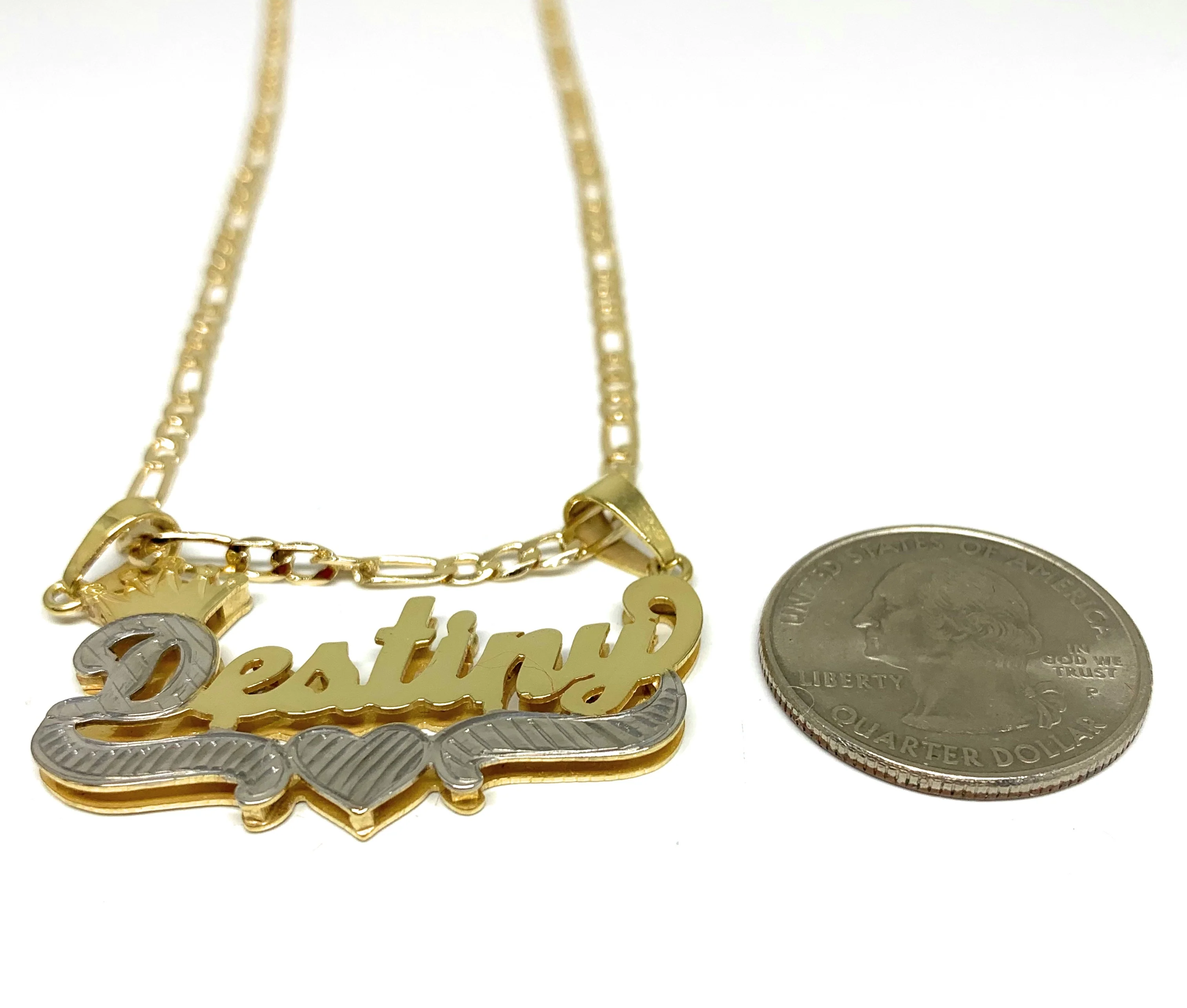 Gold Plated Silver Yellow & White CUSTOMIZED 3D ILLUSION DOUBLE CROWN CURSIVE with HEARTS Nameplate Necklace With Chain - Image 2