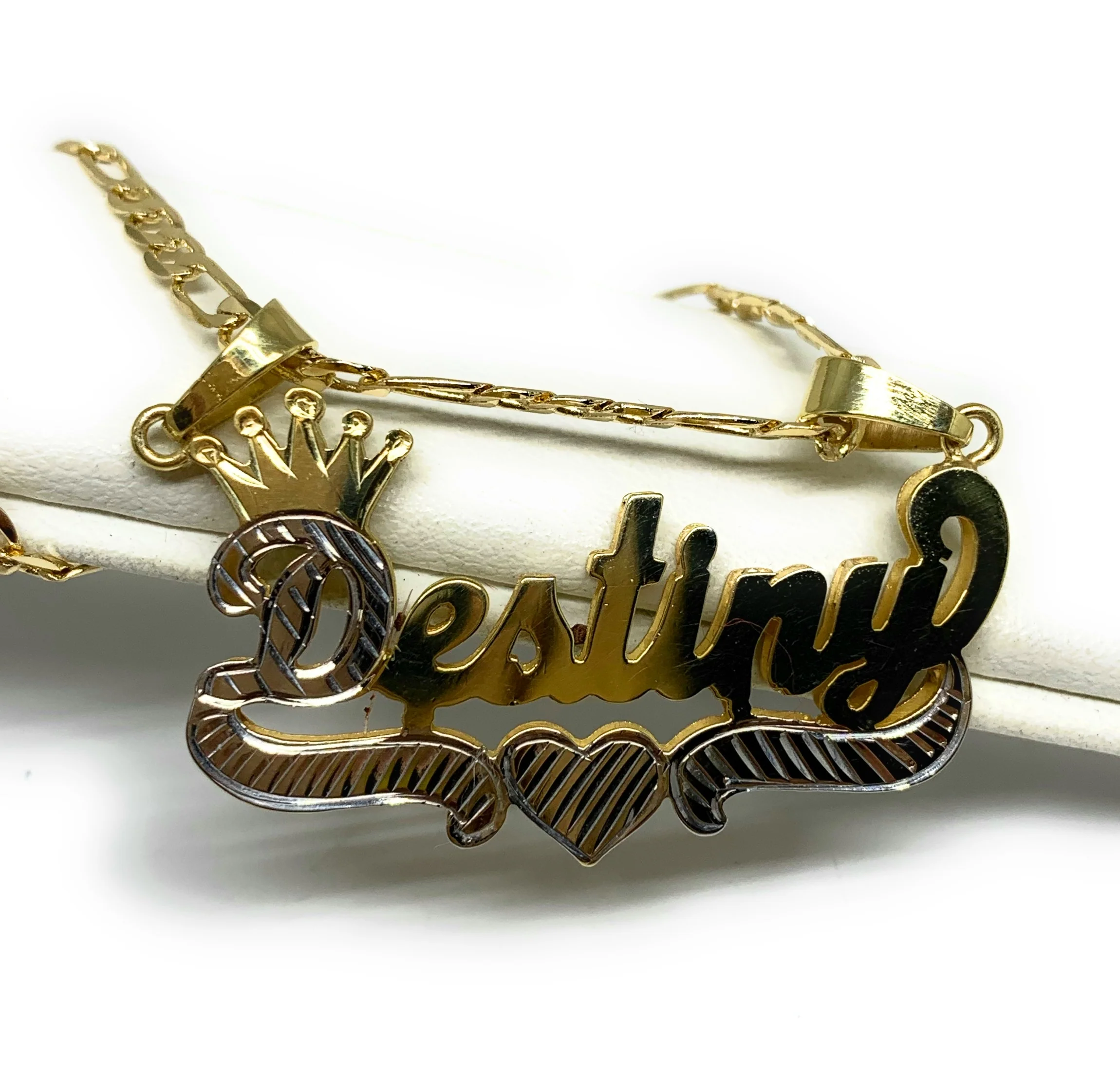 Gold Plated Silver Yellow & White CUSTOMIZED 3D ILLUSION DOUBLE CROWN CURSIVE with HEARTS Nameplate Necklace With Chain - Image 3