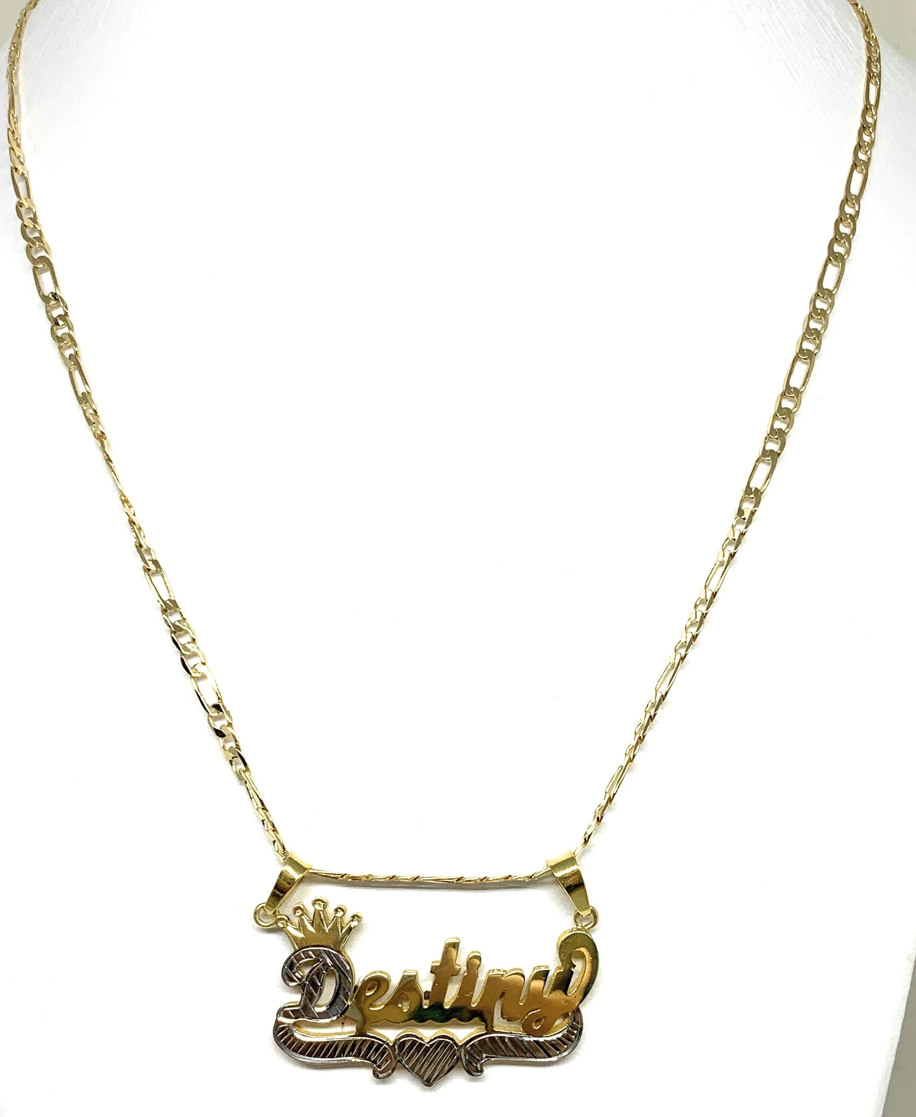 Gold Plated Silver Yellow & White CUSTOMIZED 3D ILLUSION DOUBLE CROWN CURSIVE with HEARTS Nameplate Necklace With Chain - Image 4