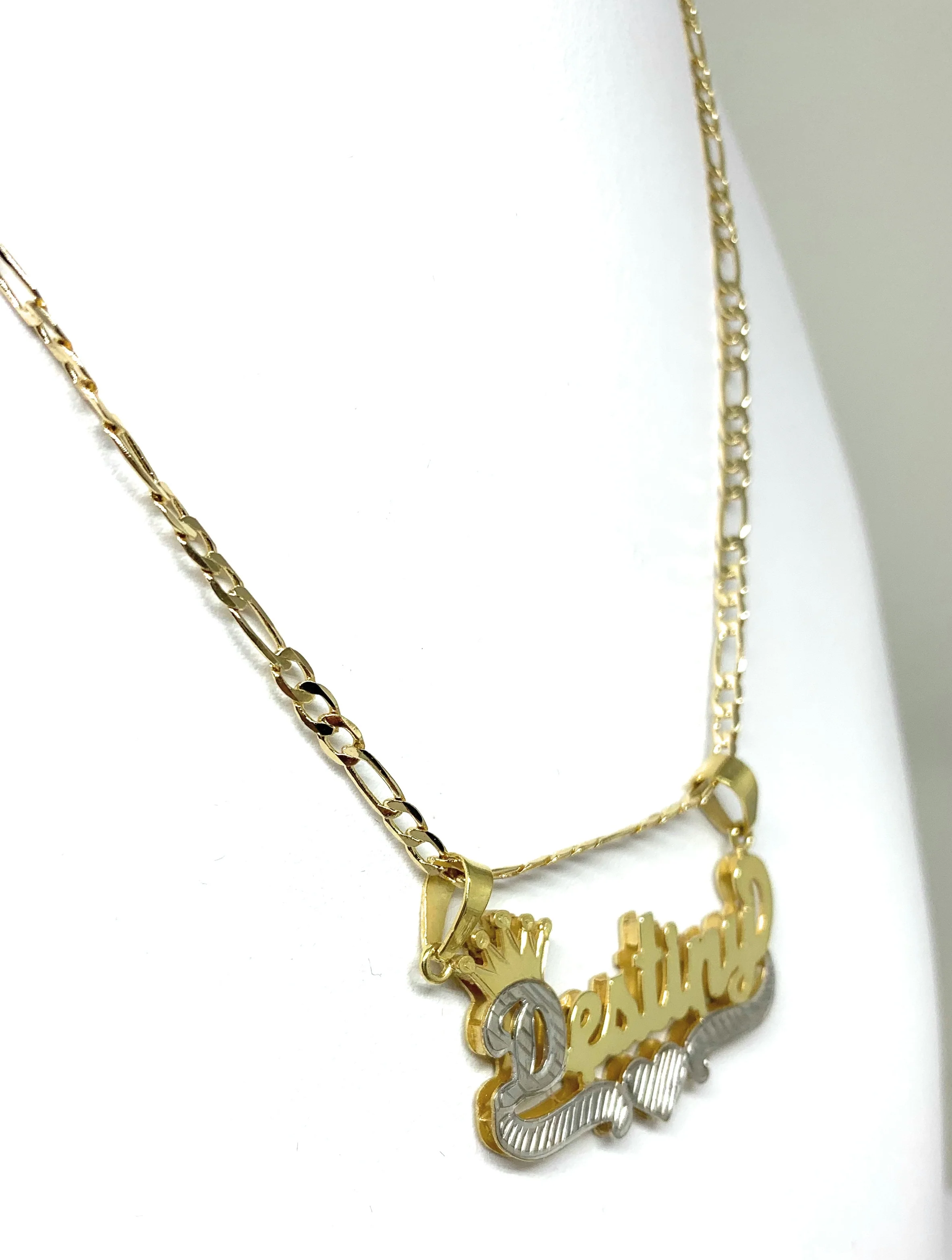 Gold Plated Silver Yellow & White CUSTOMIZED 3D ILLUSION DOUBLE CROWN CURSIVE with HEARTS Nameplate Necklace With Chain - Image 5