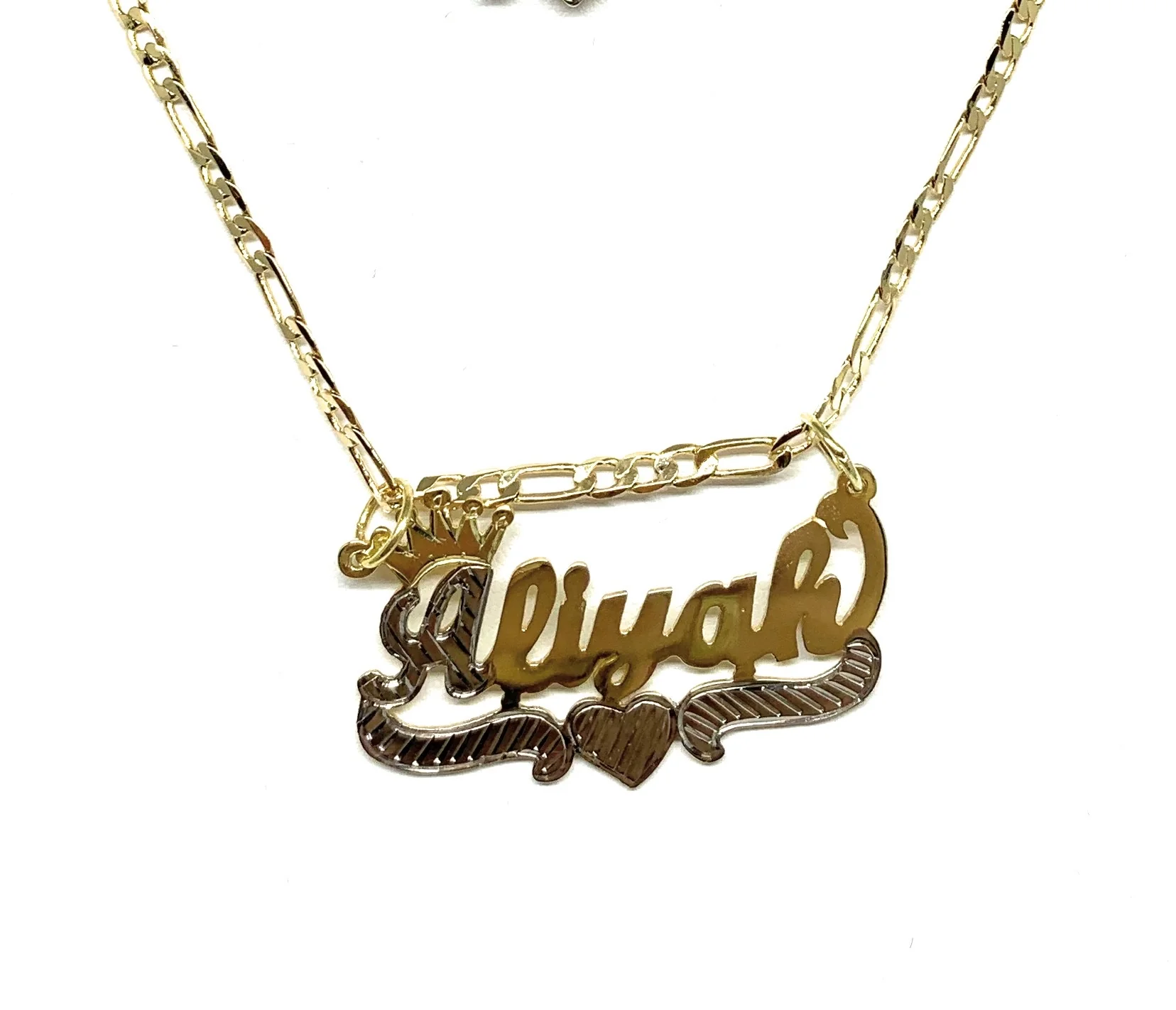 Gold Plated Silver Yellow & White CUSTOMIZED CROWN CURSIVE with HEARTS Nameplate Necklace With Chain - Image 2
