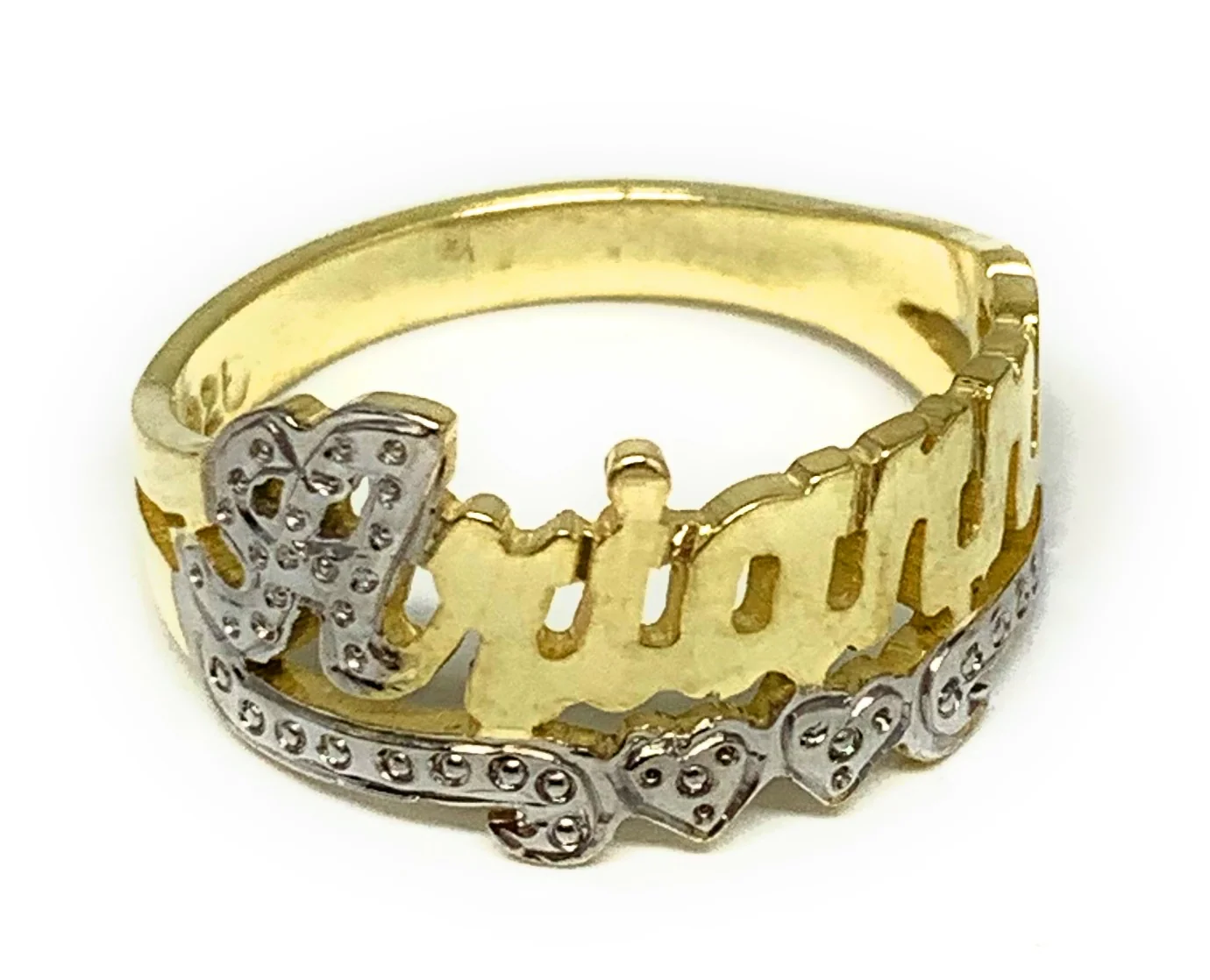 GOLD PLATED SILVER YELLOW & WHITE CUSTOMIZED HEART NAME RING - Image 3