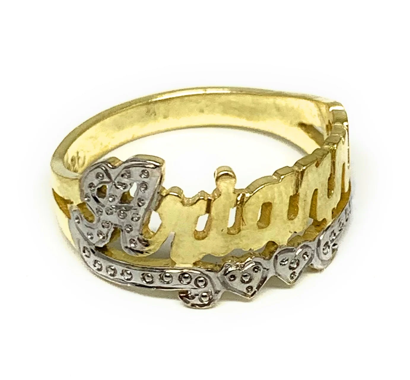 GOLD PLATED SILVER YELLOW & WHITE CUSTOMIZED HEART NAME RING - Image 5