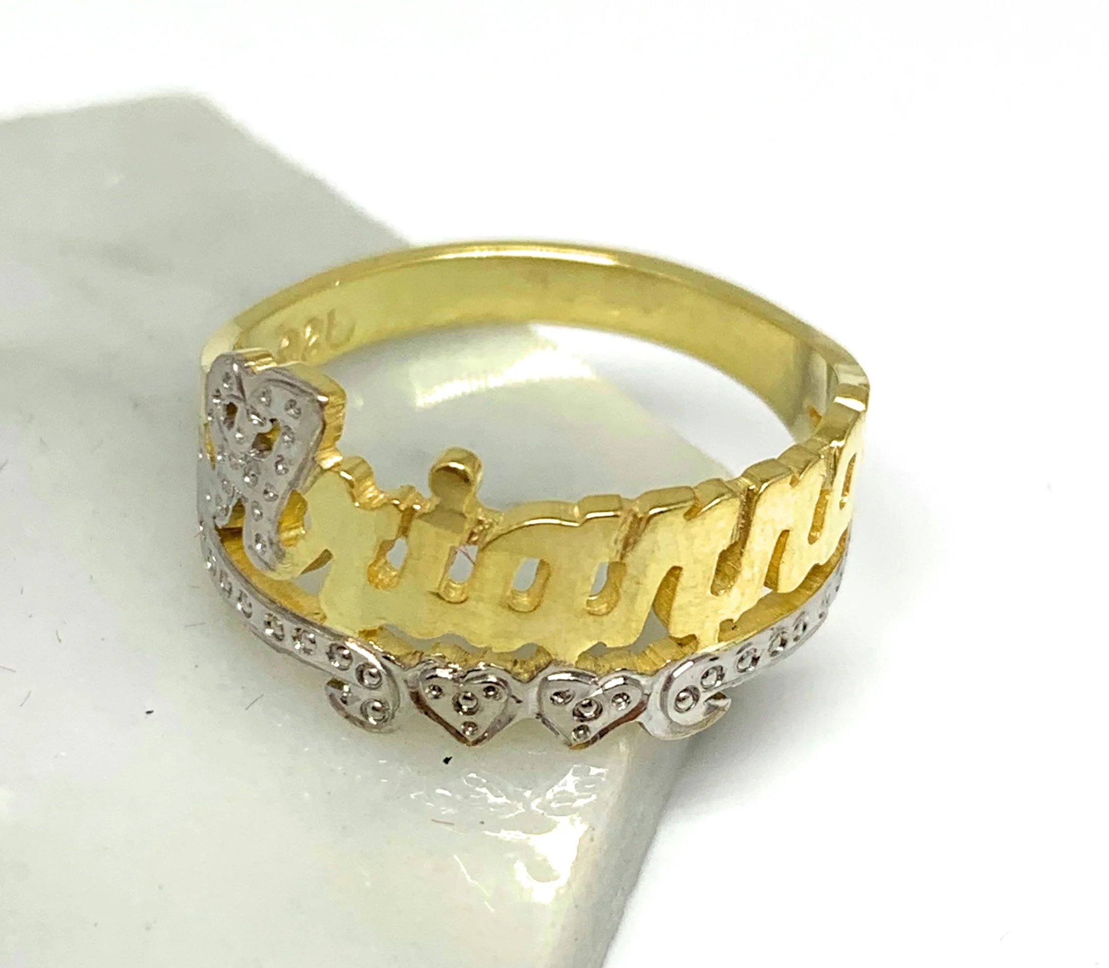 GOLD PLATED SILVER YELLOW & WHITE CUSTOMIZED HEART NAME RING - Image 6