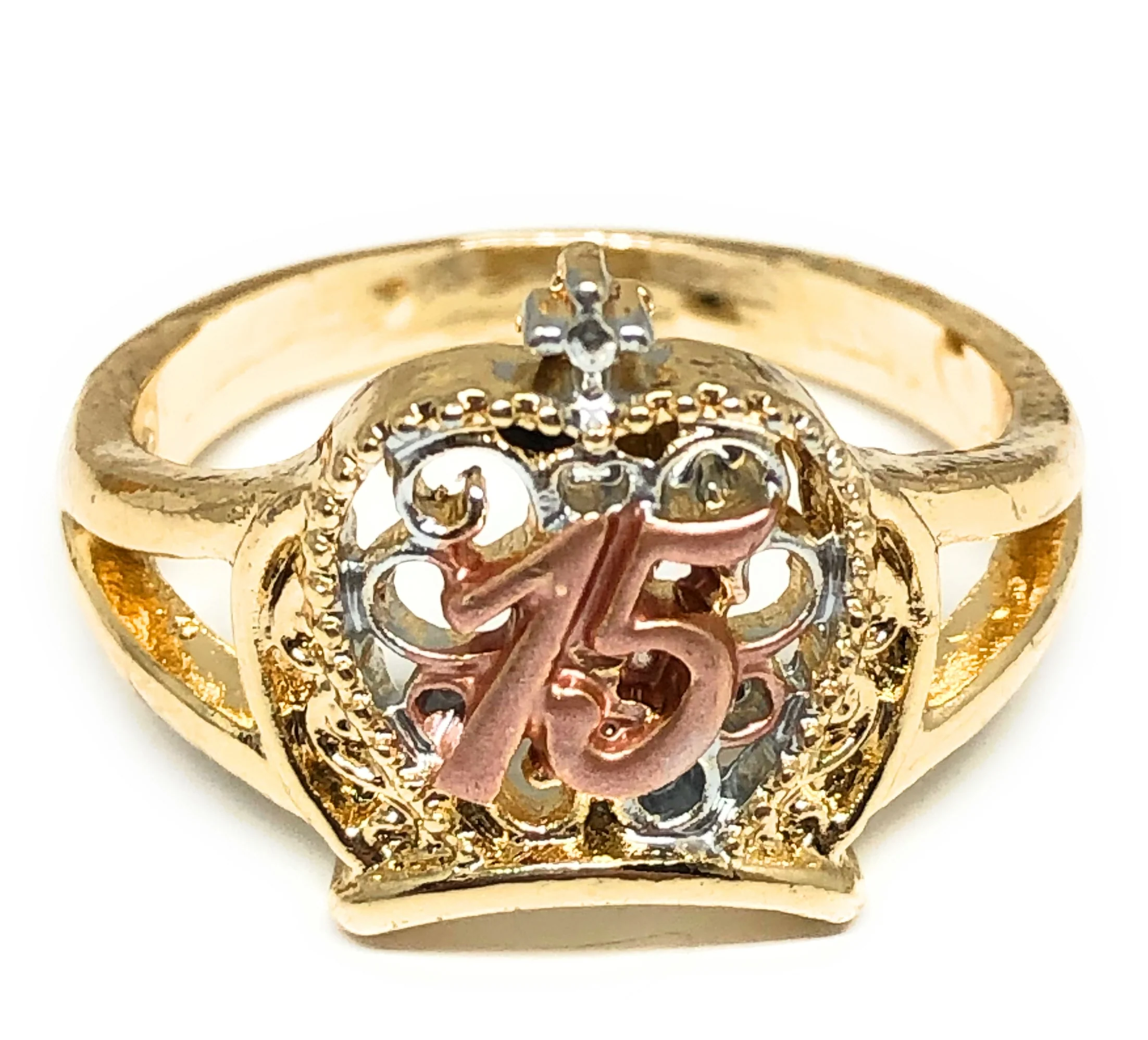 Gold Plated Tri-Color 15 Años Crown Ring Anillo