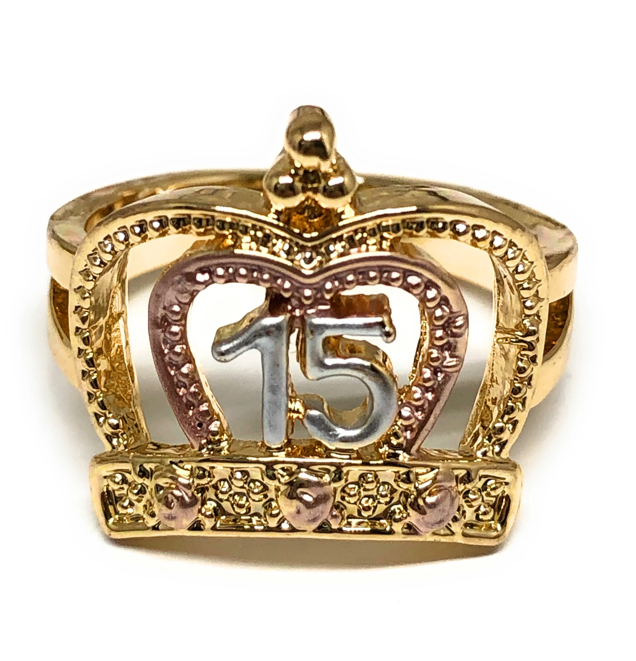 Gold Plated Tri-Color 15 Años Crown Ring Anillo