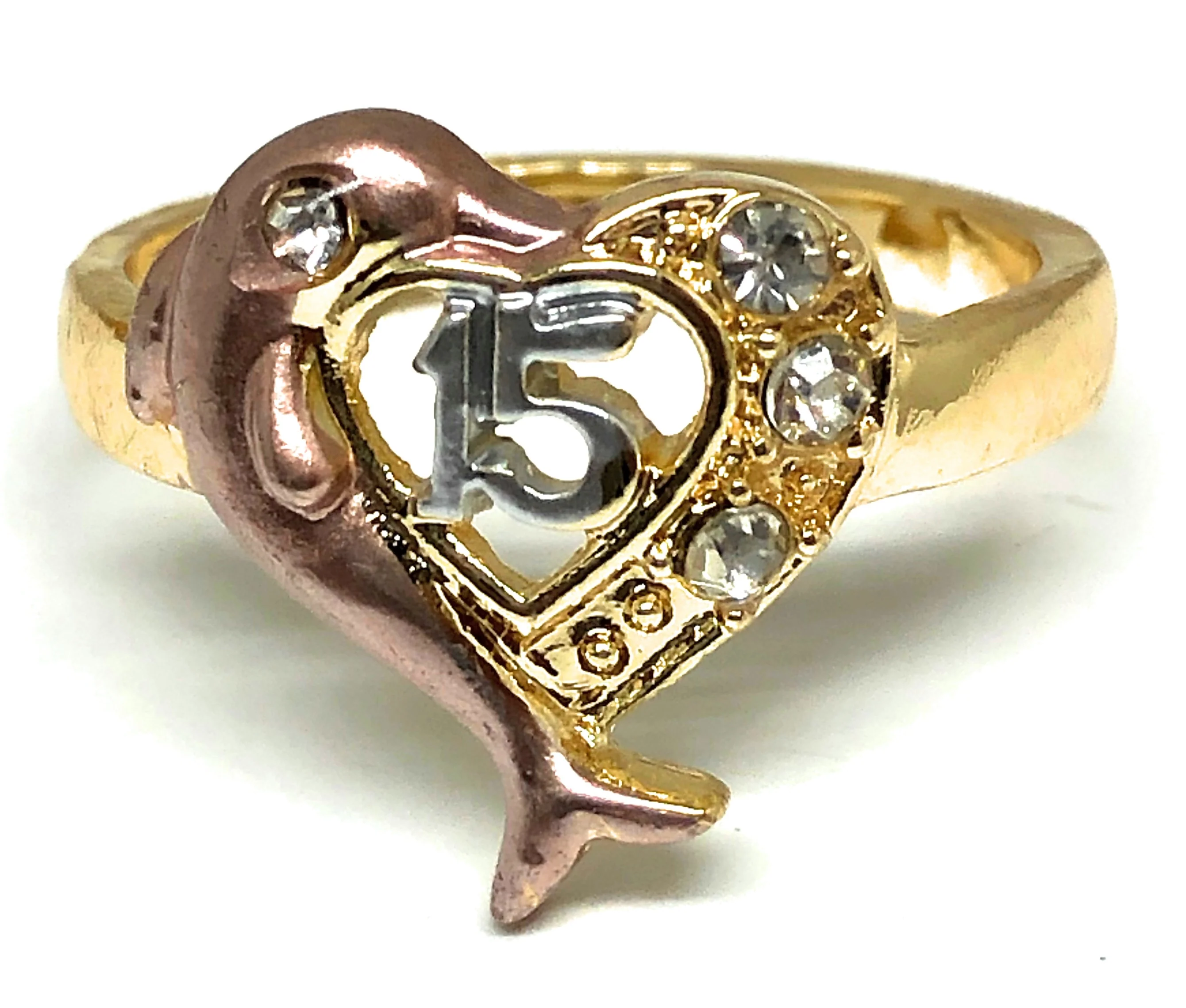 Gold Plated Tri-Color 15 Años Dolphin Ring Anillo
