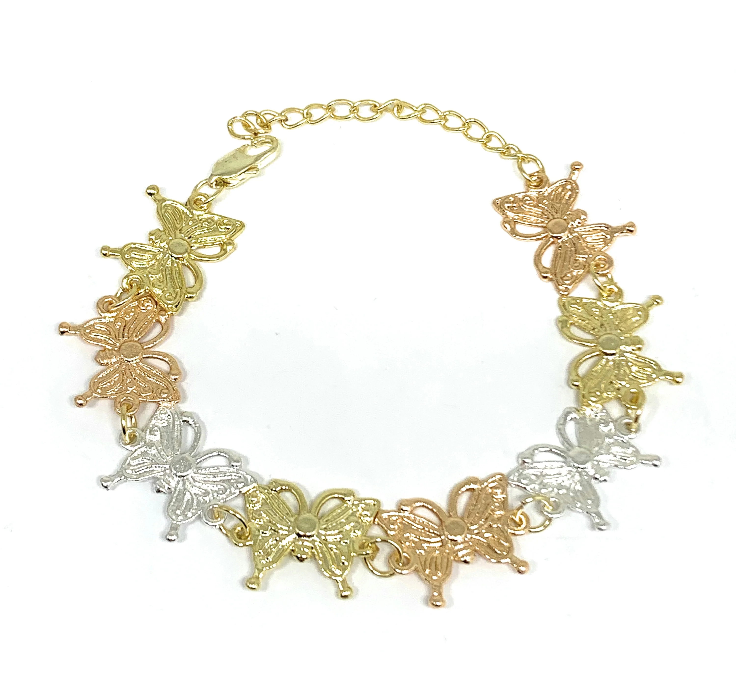 Gold Plated Tri-Color Butterfly Charm Bracelet 6.5-8 inch adjustable - Image 2