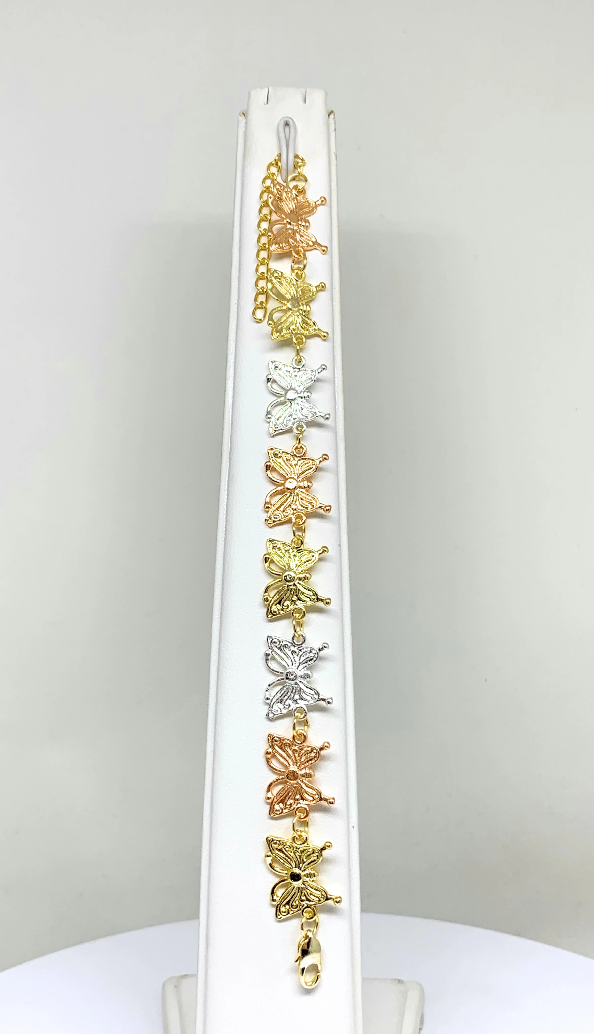 Gold Plated Tri-Color Butterfly Charm Bracelet 6.5-8 inch adjustable - Image 3