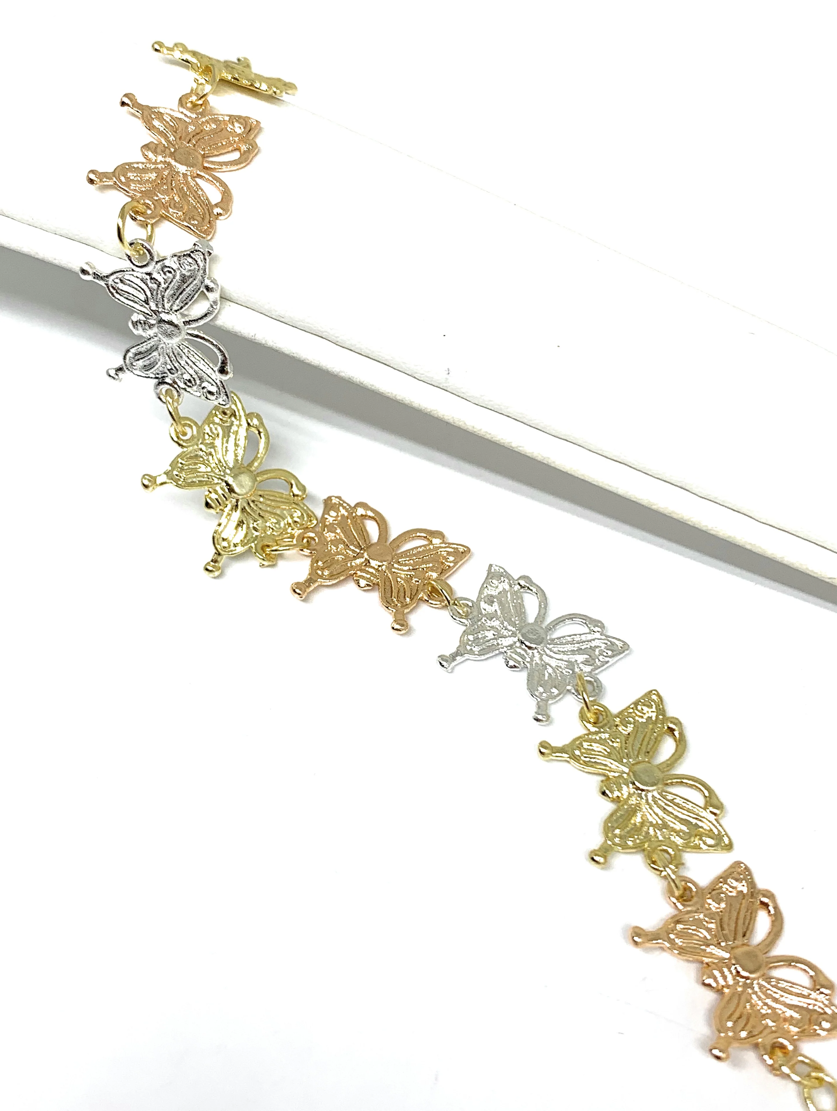 Gold Plated Tri-Color Butterfly Charm Bracelet 6.5-8 inch adjustable - Image 4