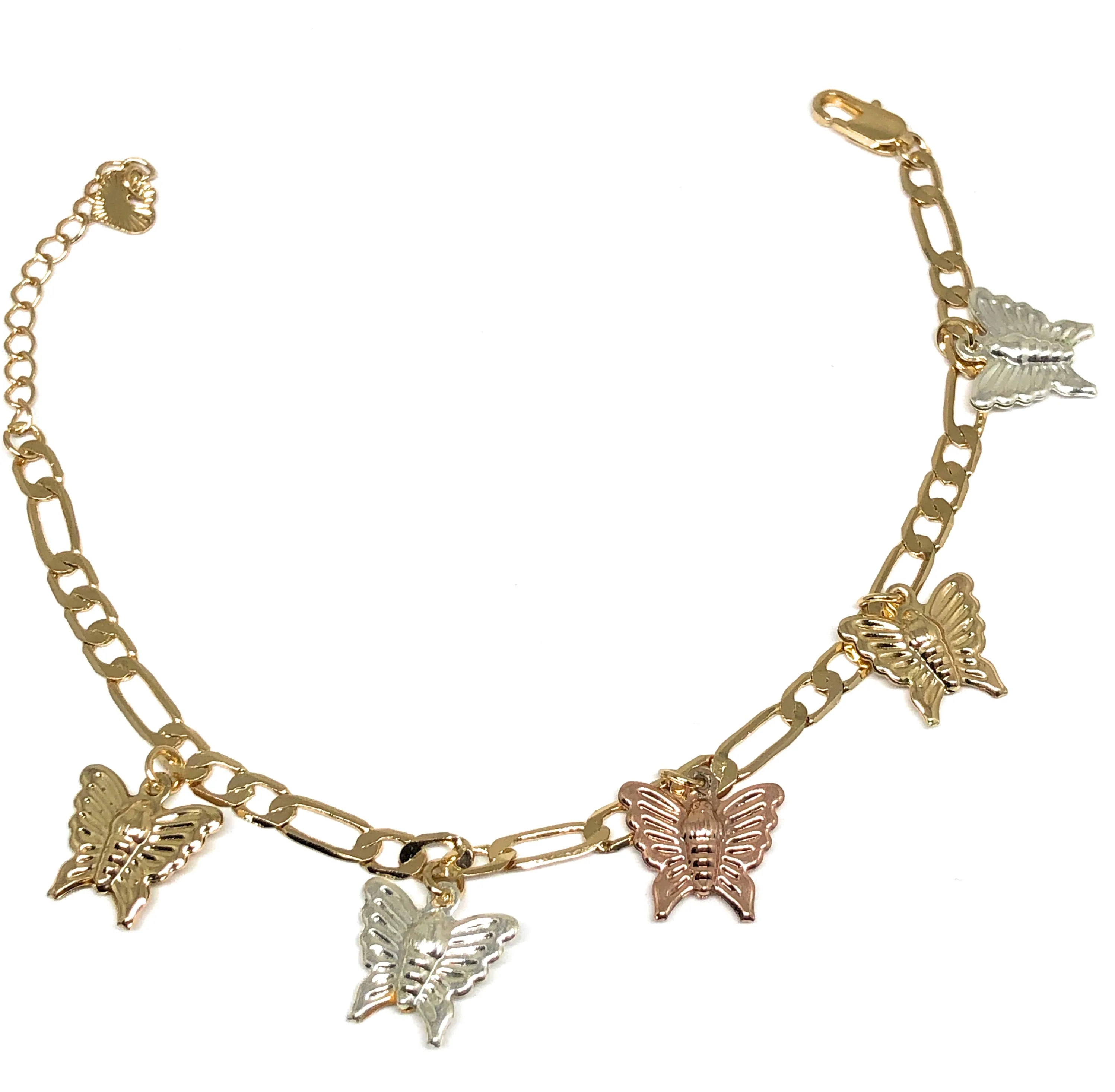 Gold Plated Tri-Color Butterfly Charm Figaro Bracelet 6.5-8 inch adjustable - Image 3
