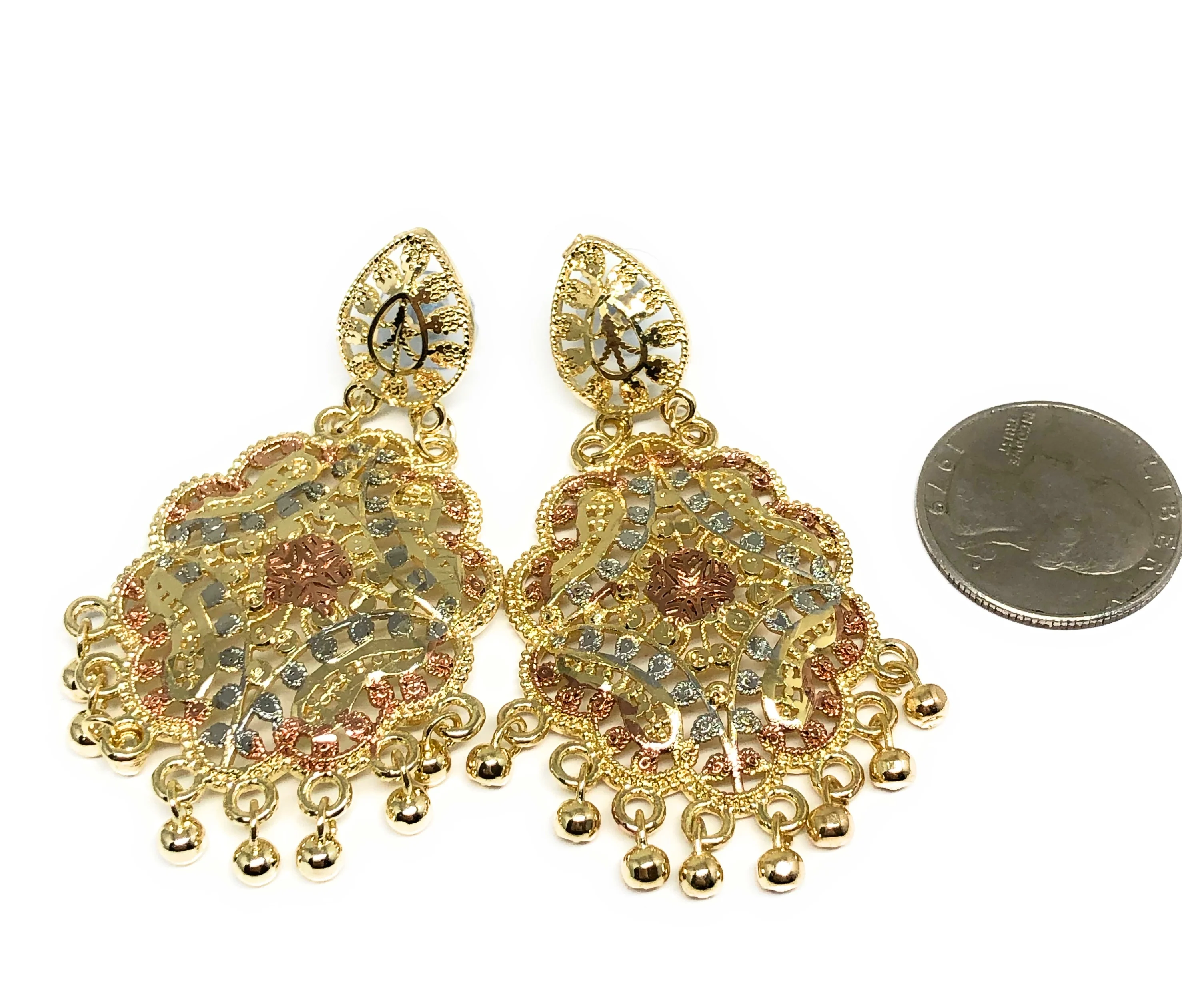 Gold Plated Tri-Color Chandelier Earrings Aretes Folklorico 3" - Image 2