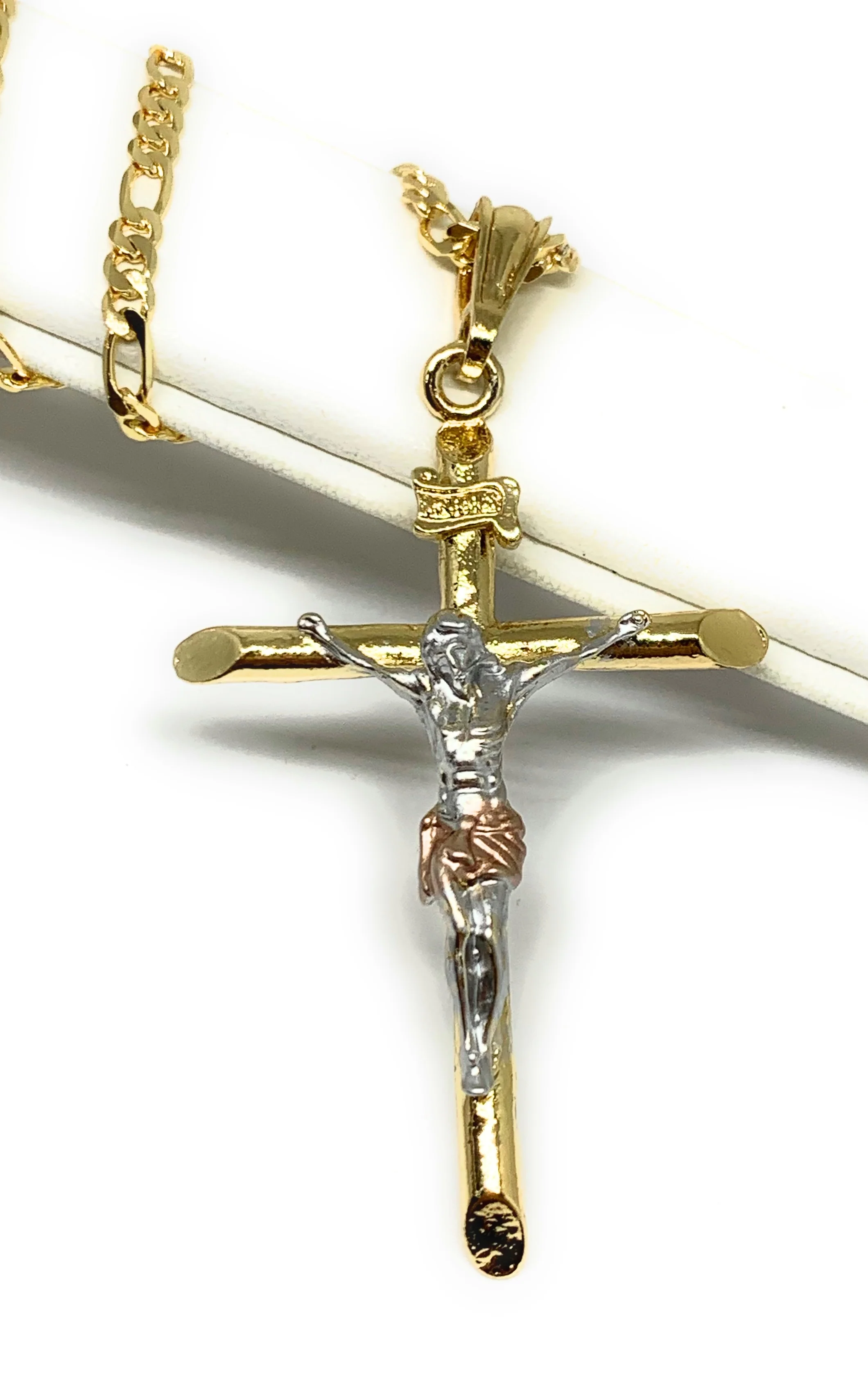 Gold Plated Tri-Color Classic INRI Cross Jesus Crucifix 24" Chain Cruz Crucifijo (SM,MED,LG)