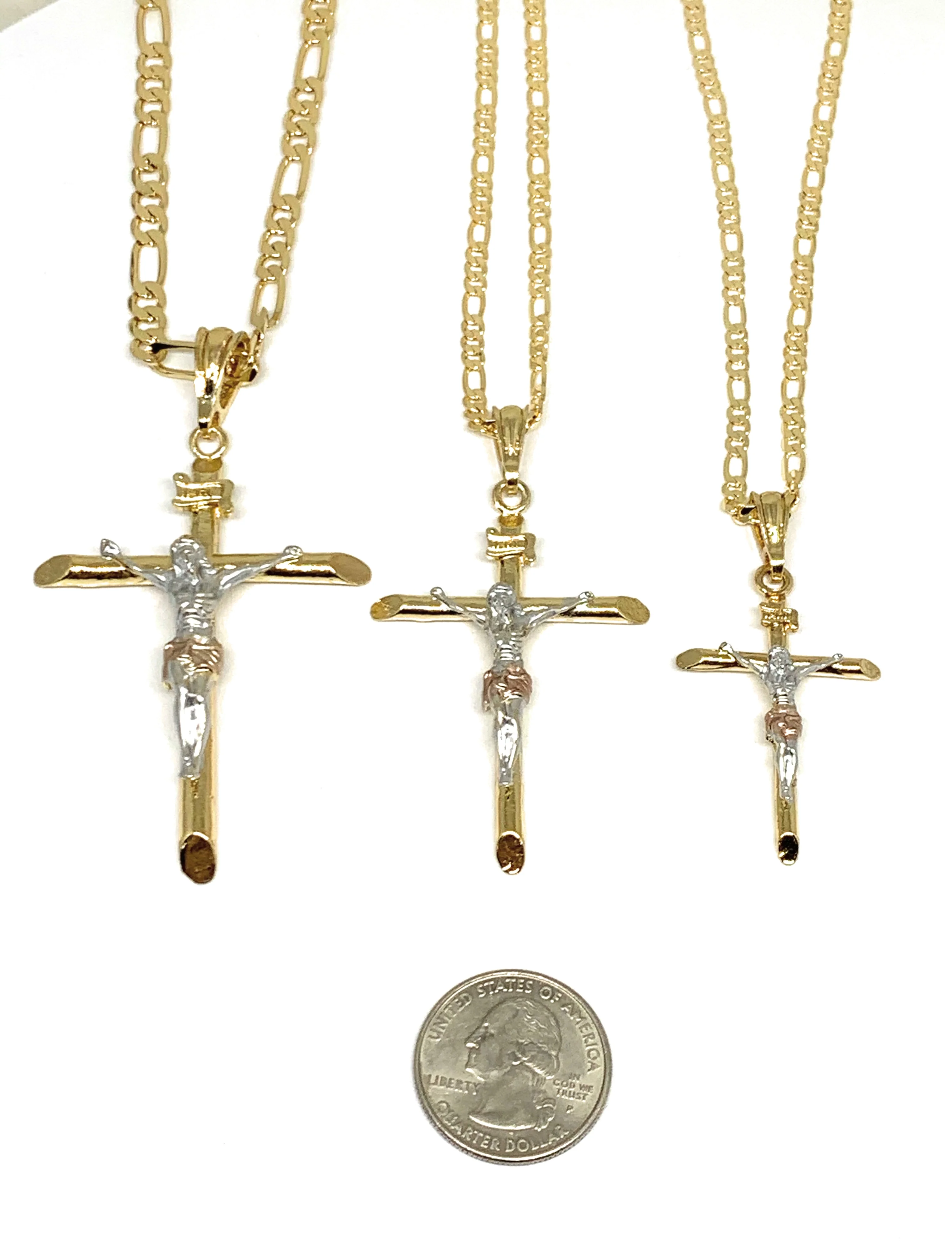Gold Plated Tri-Color Classic INRI Cross Jesus Crucifix 24" Chain Cruz Crucifijo (SM,MED,LG) - Image 2