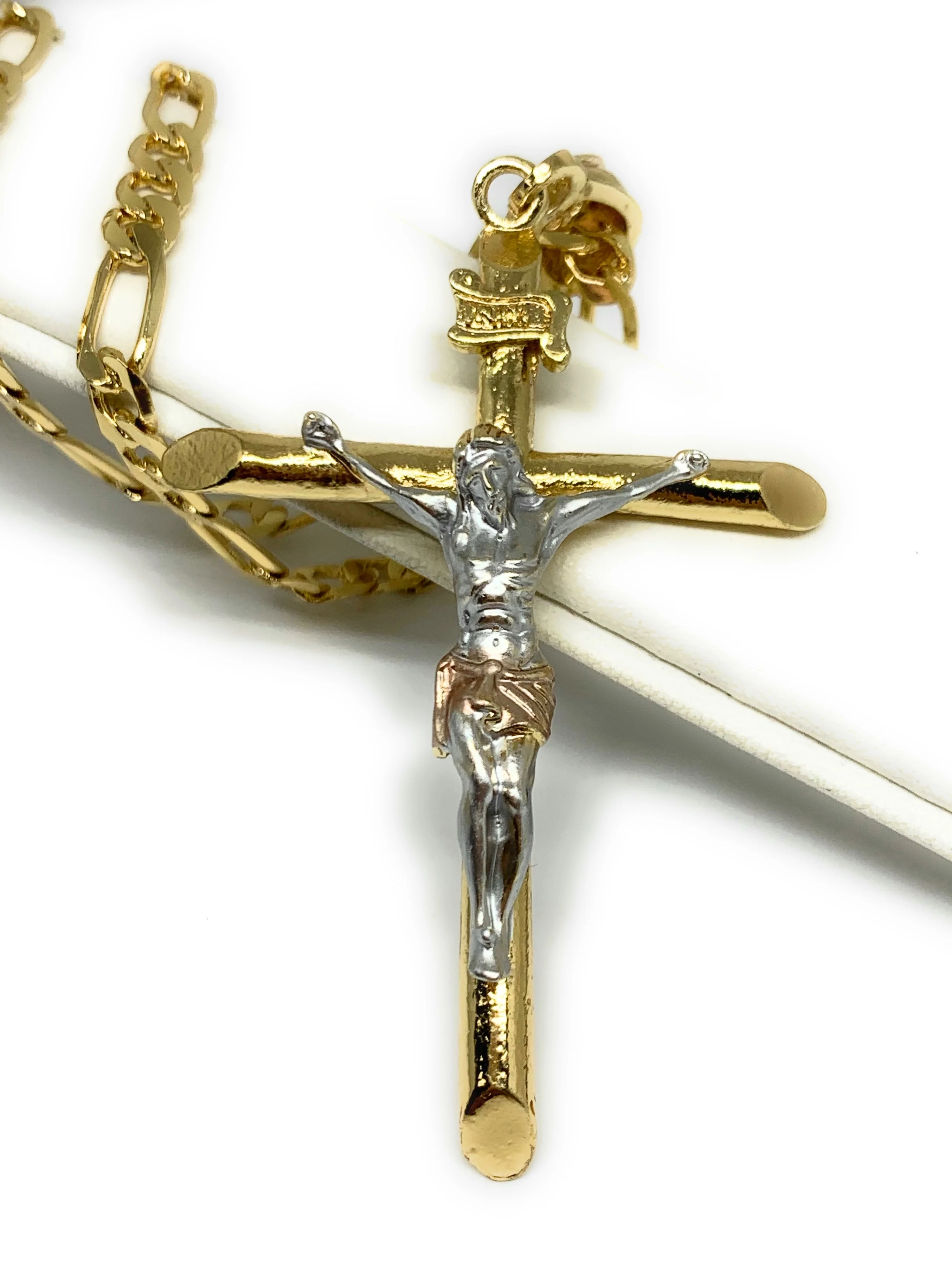 Gold Plated Tri-Color Classic INRI Cross Jesus Crucifix 24" Chain Cruz Crucifijo (SM,MED,LG) - Image 3
