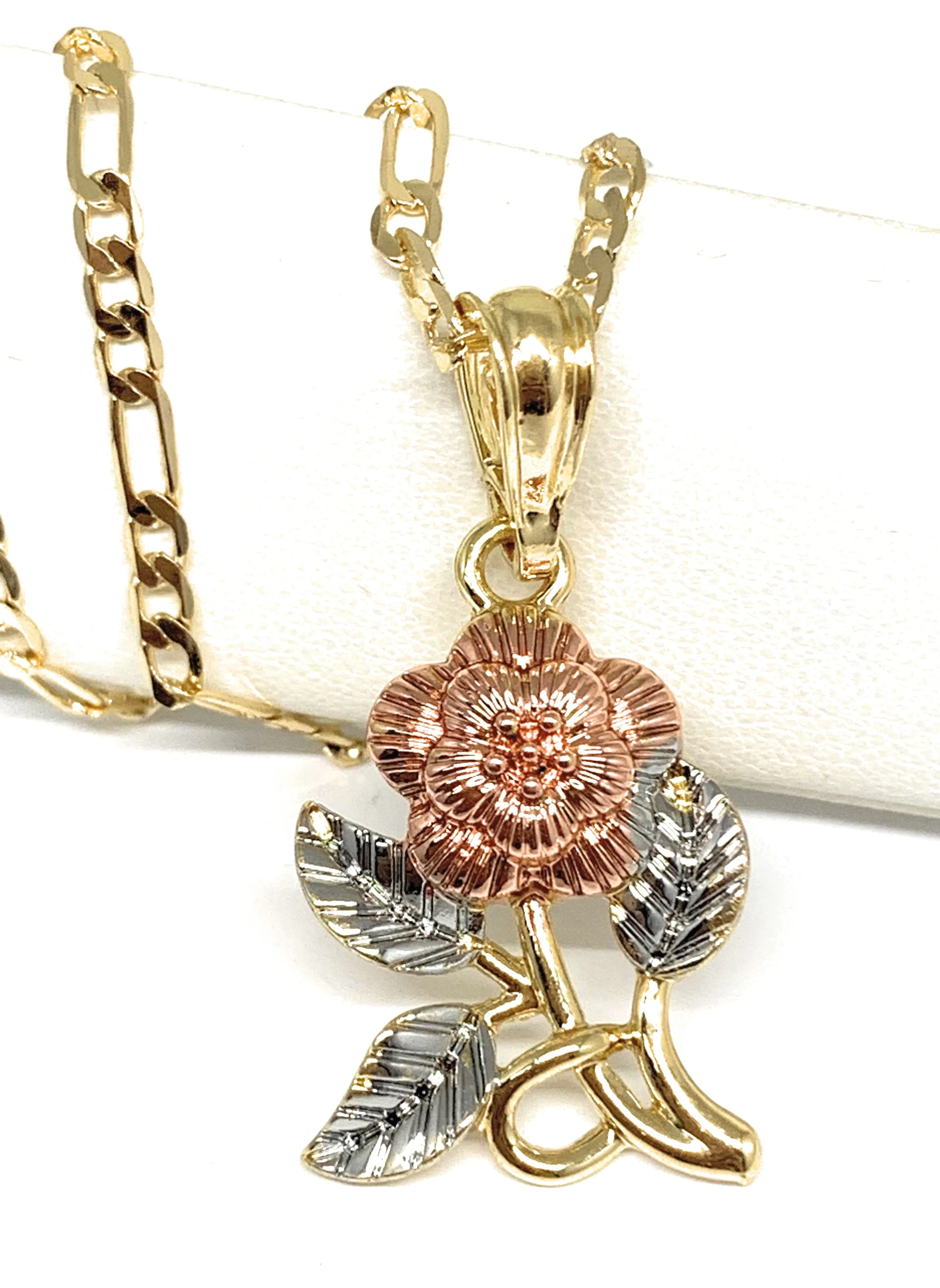Gold Plated Tri-Color Rose Flower Pendant Necklace Chain 24”