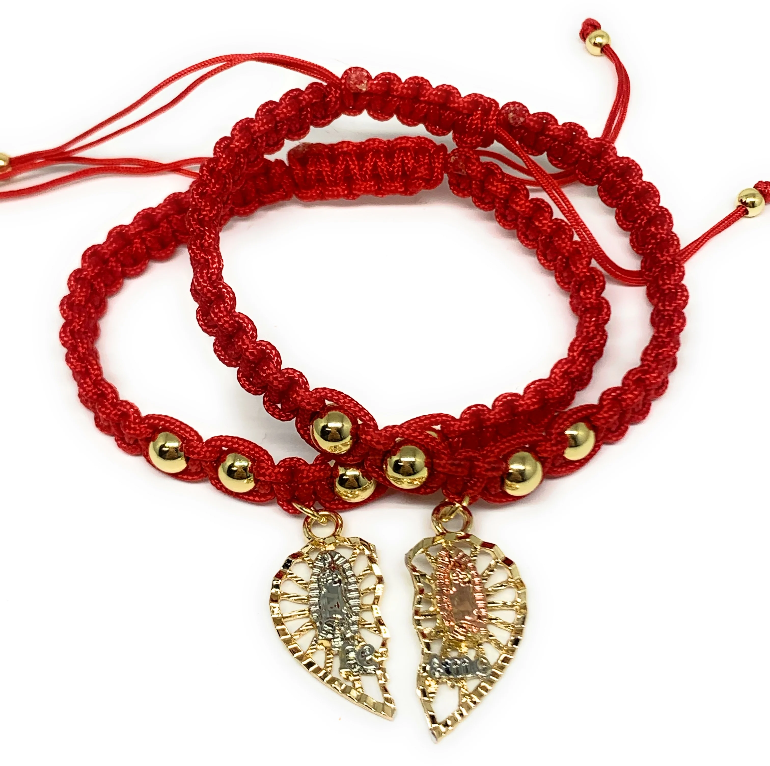 Gold Plated Tri-Color Double Virgin Mary "Te Amo" Heart Split Pendant HAND BRAIDED ADJUSTABLE TWO BRACELET SET 7.5” - Image 2