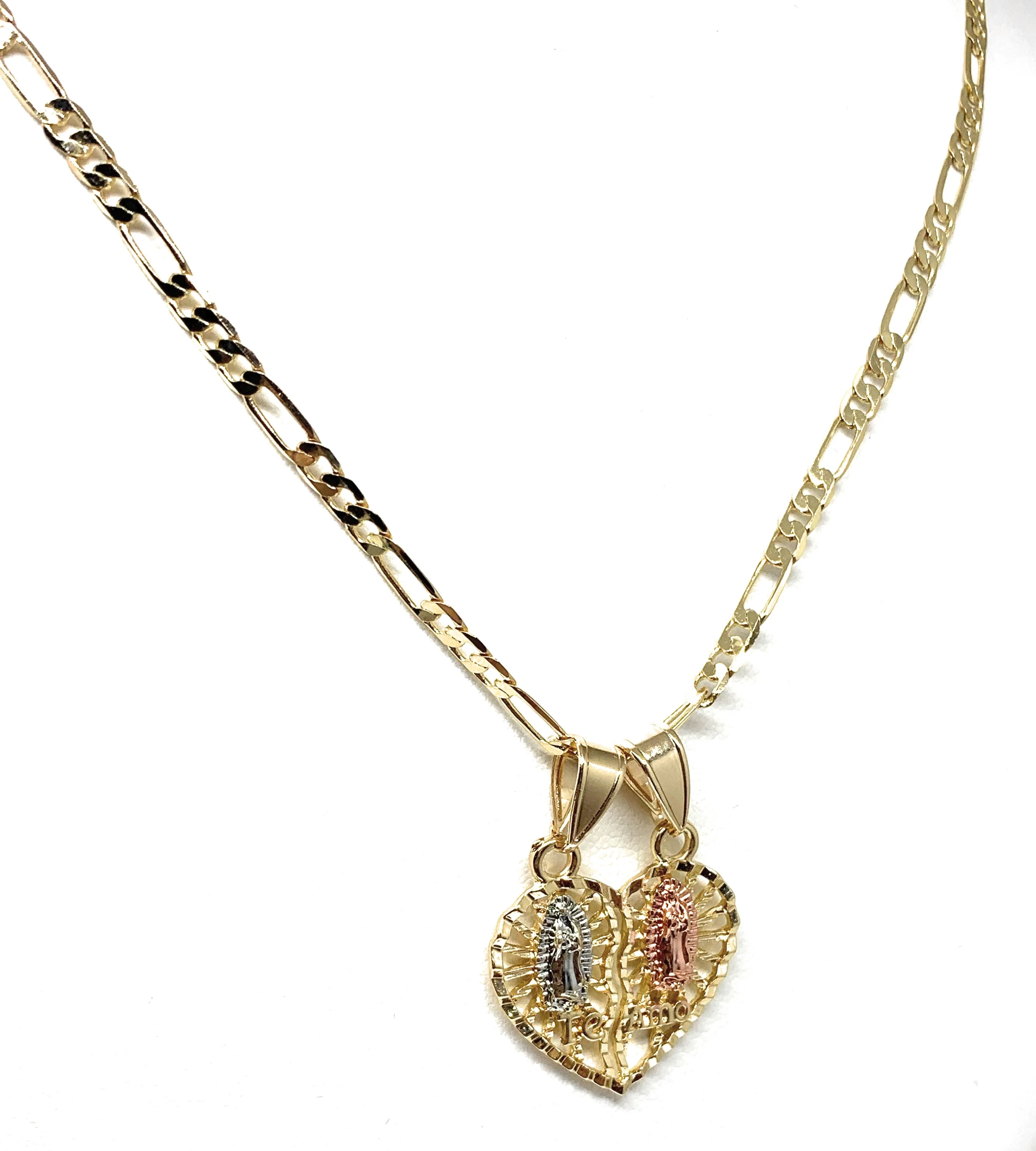 Gold Plated Tri-Color Double Virgin Mary "Te Amo" Heart Split Pendant Necklace 24" Virgen de Guadalupe - Image 5